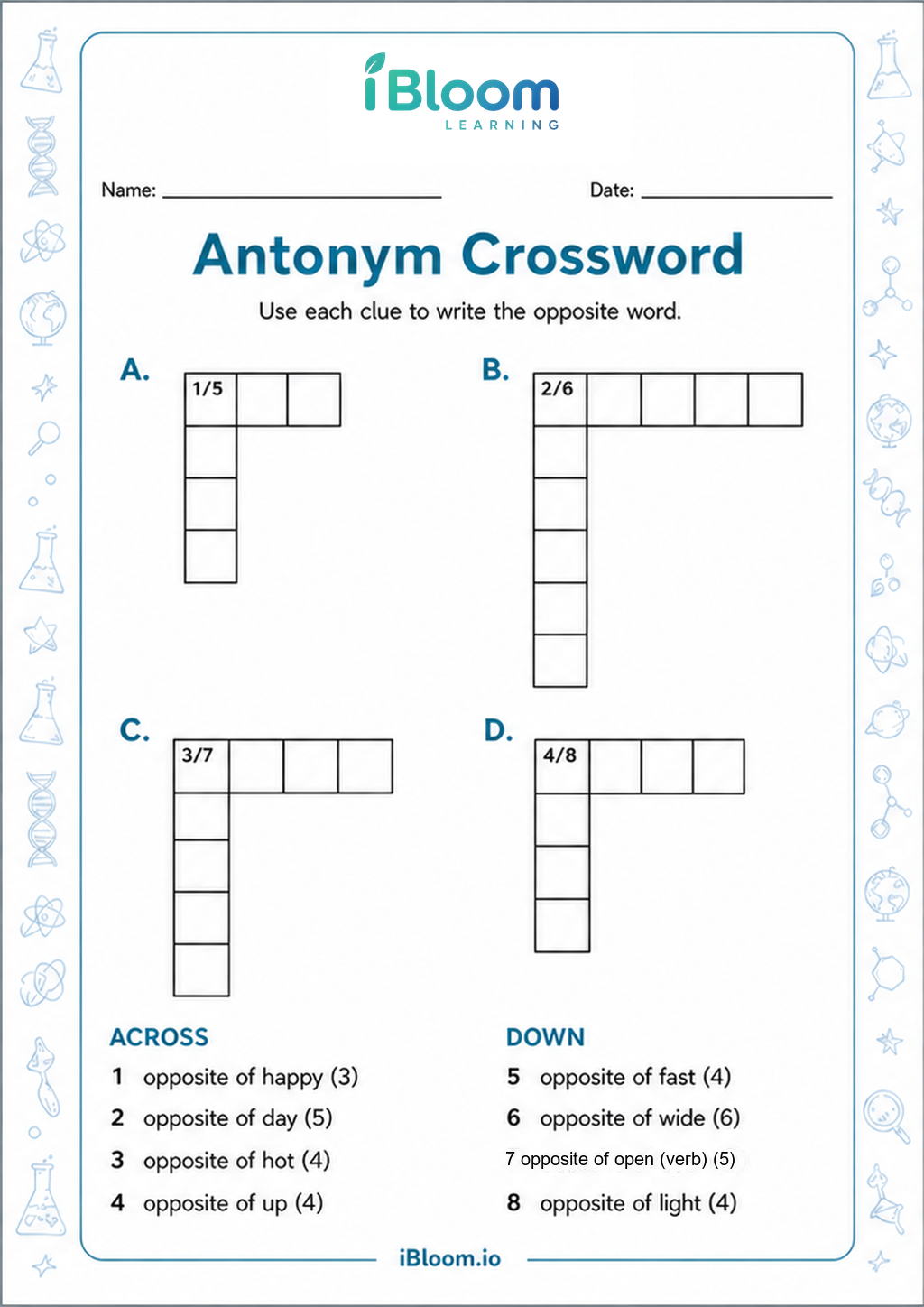 Antonym Crossword printable Class 2 worksheet