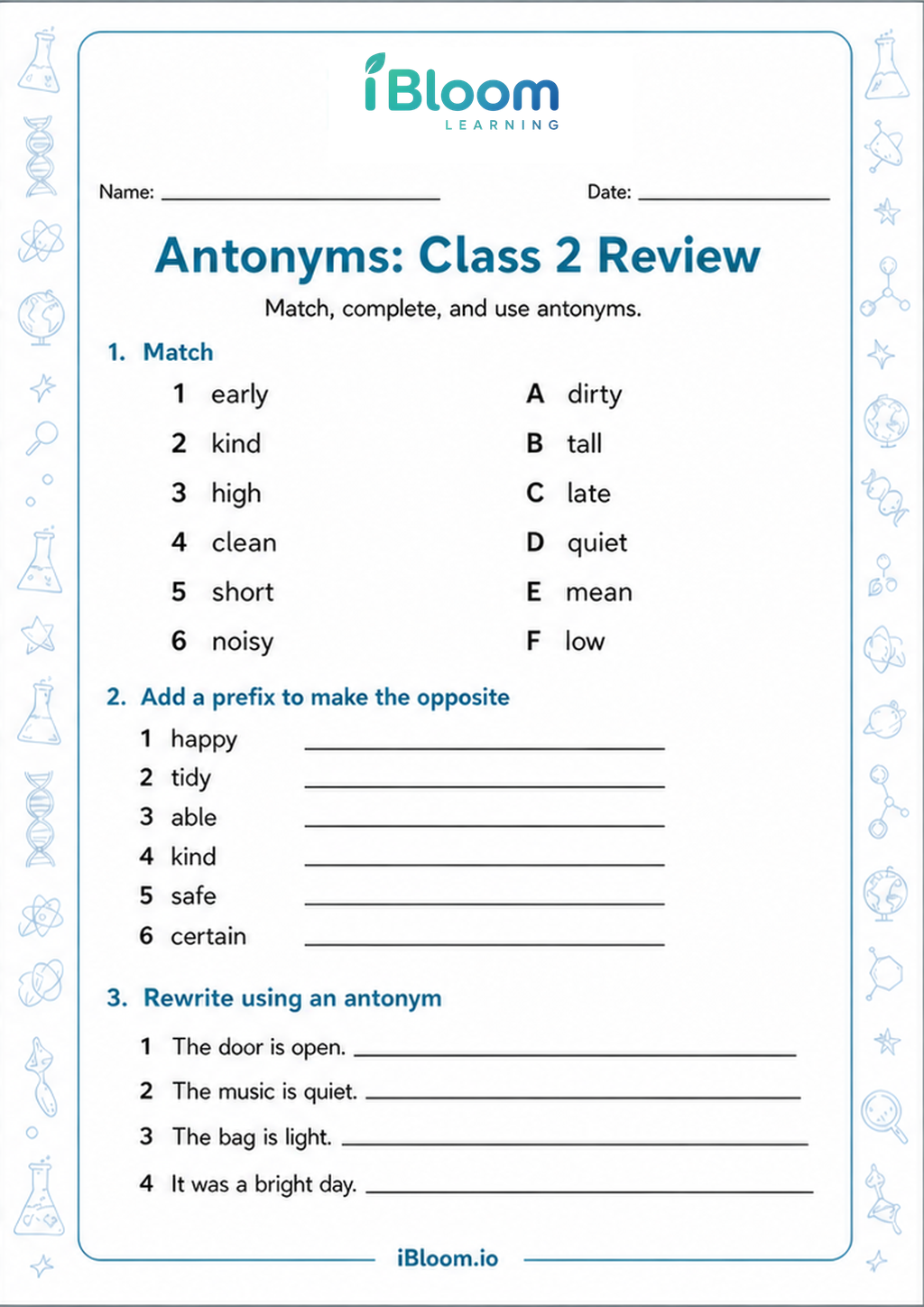 Antonyms: Class 2 Review printable Class 2 worksheet