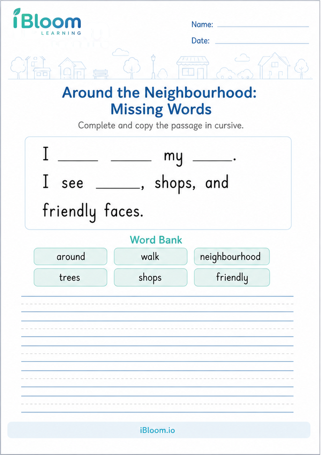 Preview of Around the Neighbourhood: Missing Words worksheet