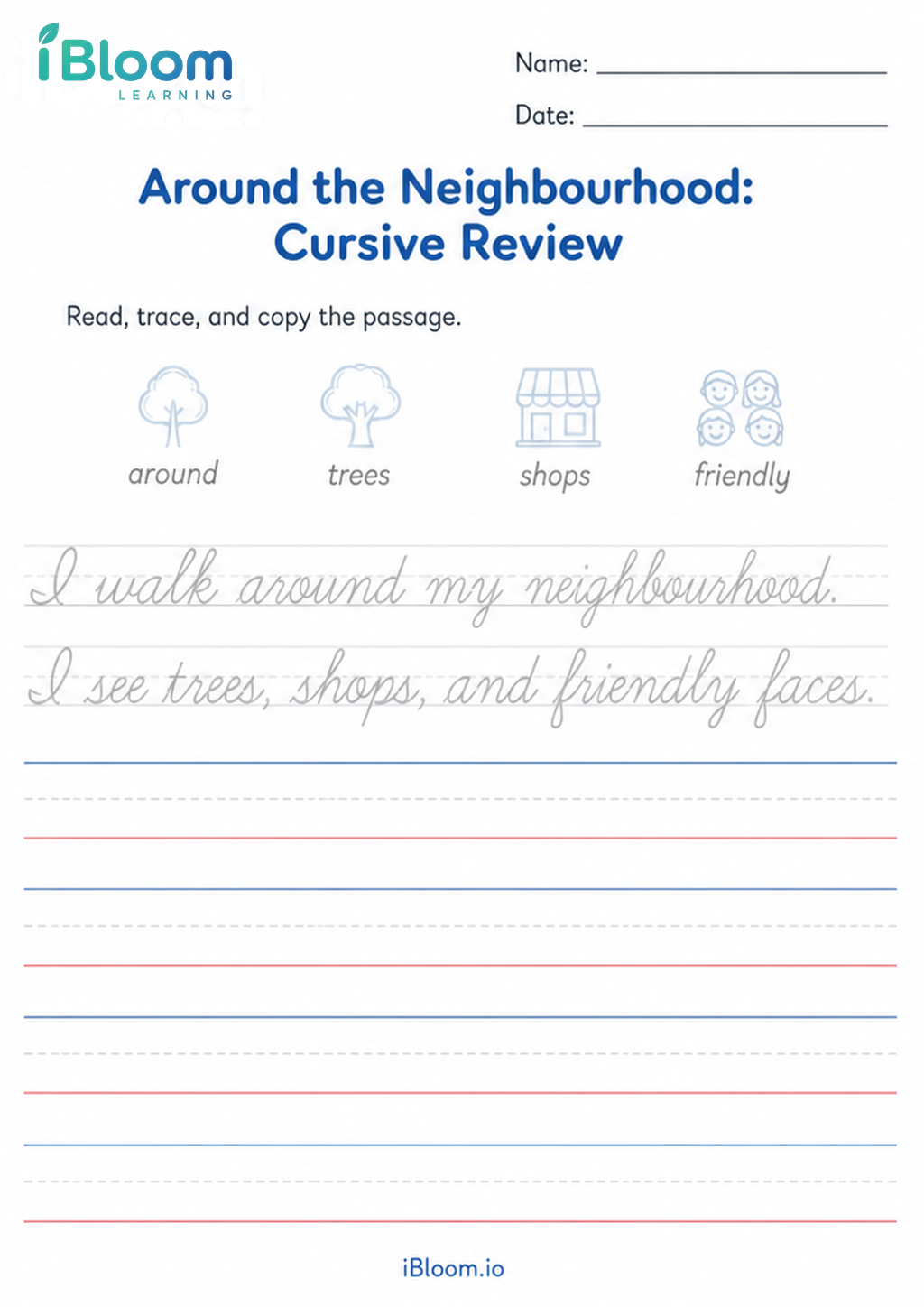 Preview of Around the Neighbourhood: Cursive Review worksheet