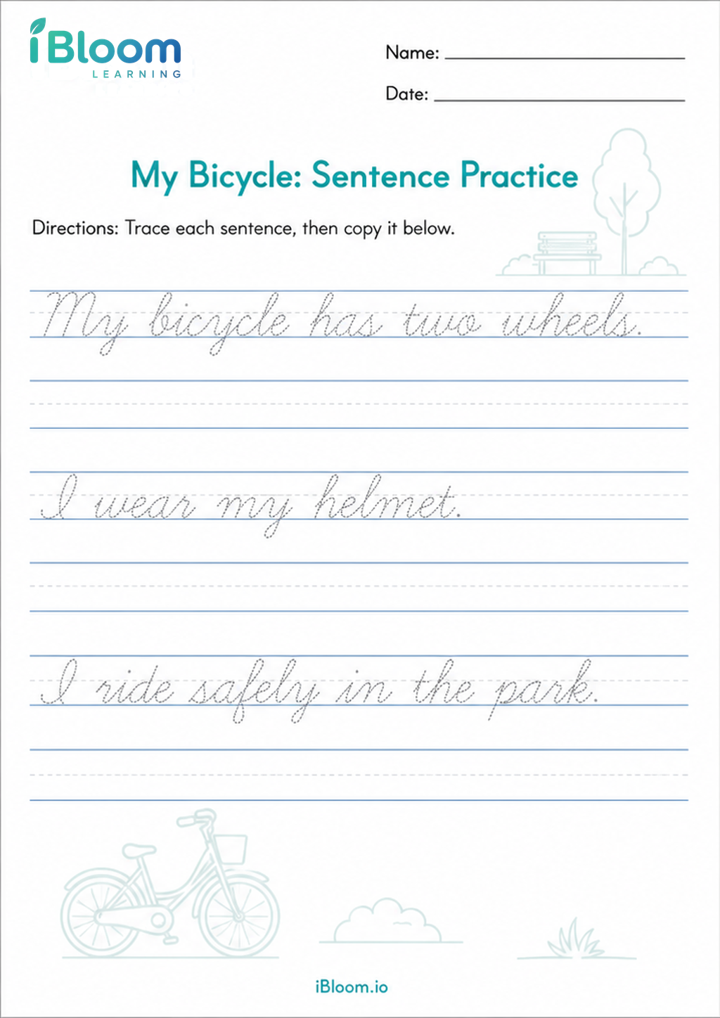 Preview of My Bicycle: Sentence Practice worksheet