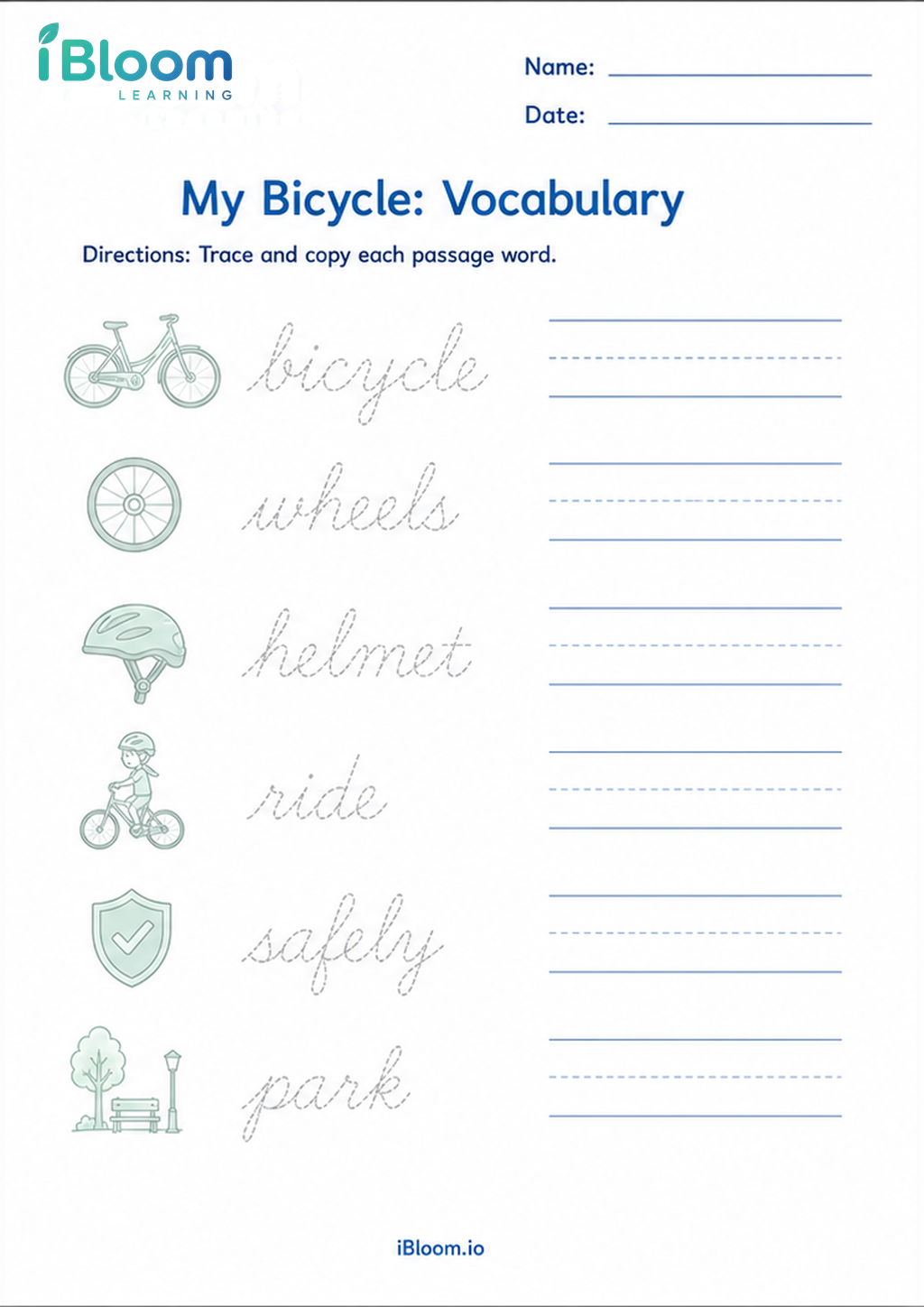 Preview of My Bicycle: Vocabulary worksheet