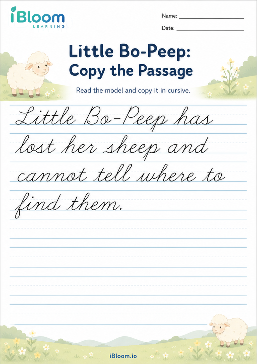 Little Bo-Peep: Copy the Passage printable Class 2 cursive worksheet