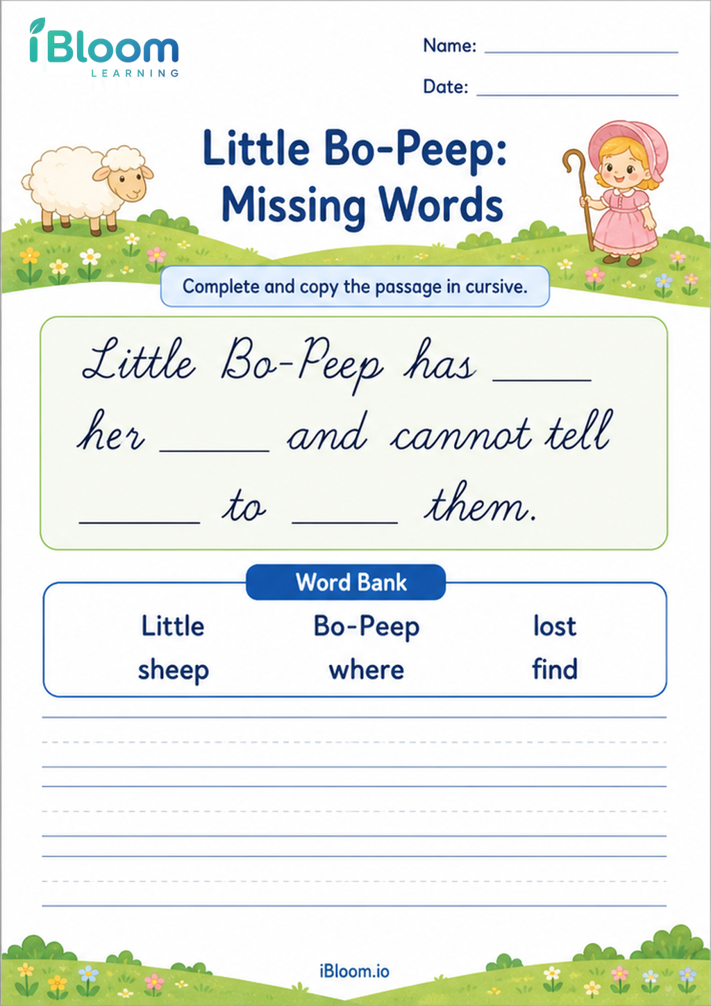 Preview of Little Bo-Peep: Missing Words worksheet