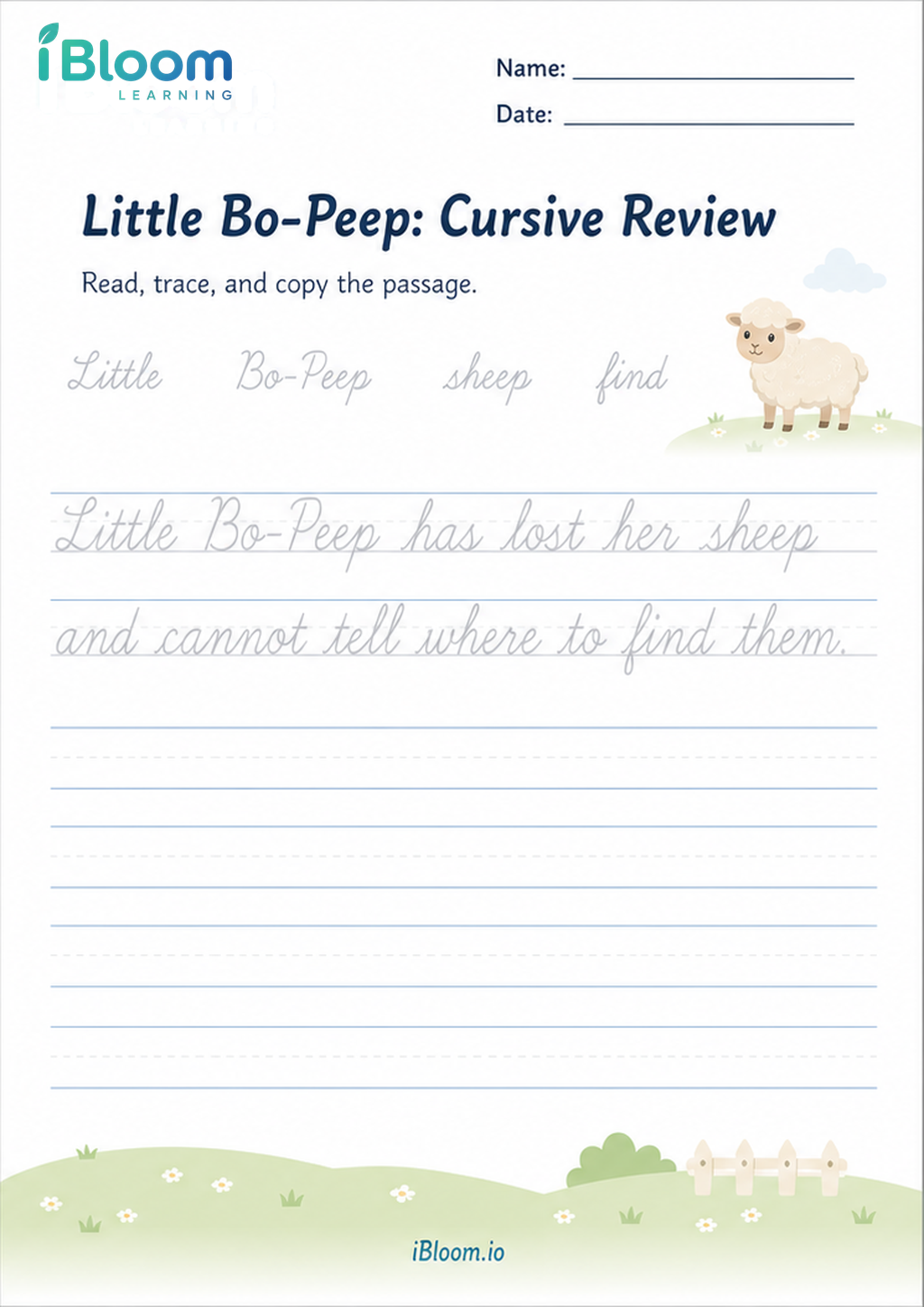 Little Bo-Peep: Cursive Review printable Class 2 cursive worksheet