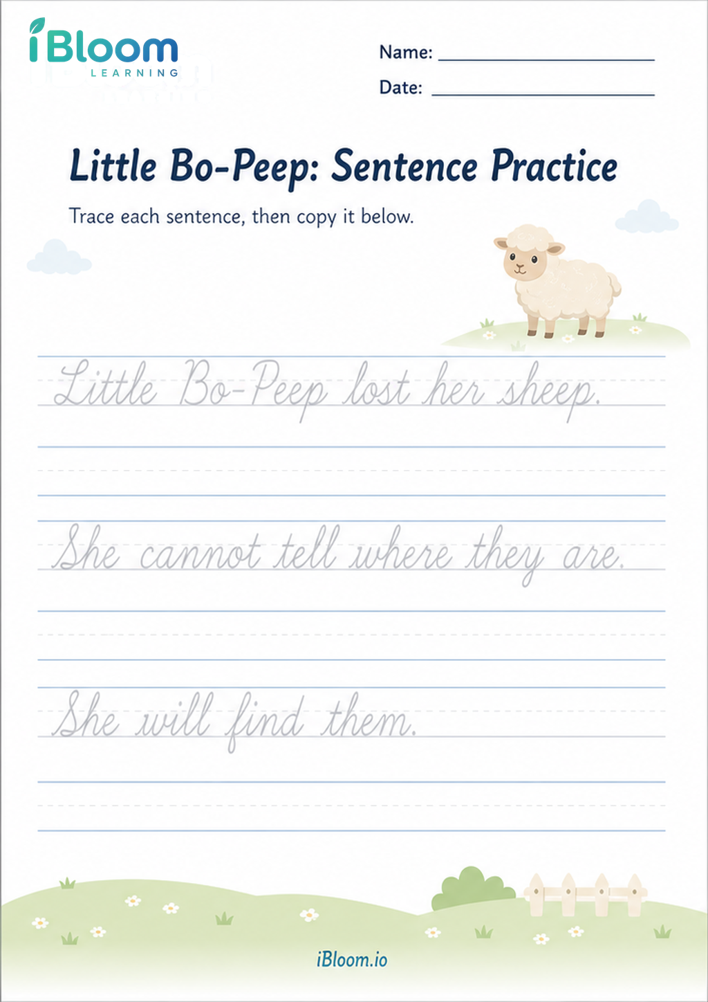Preview of Little Bo-Peep: Sentence Practice worksheet