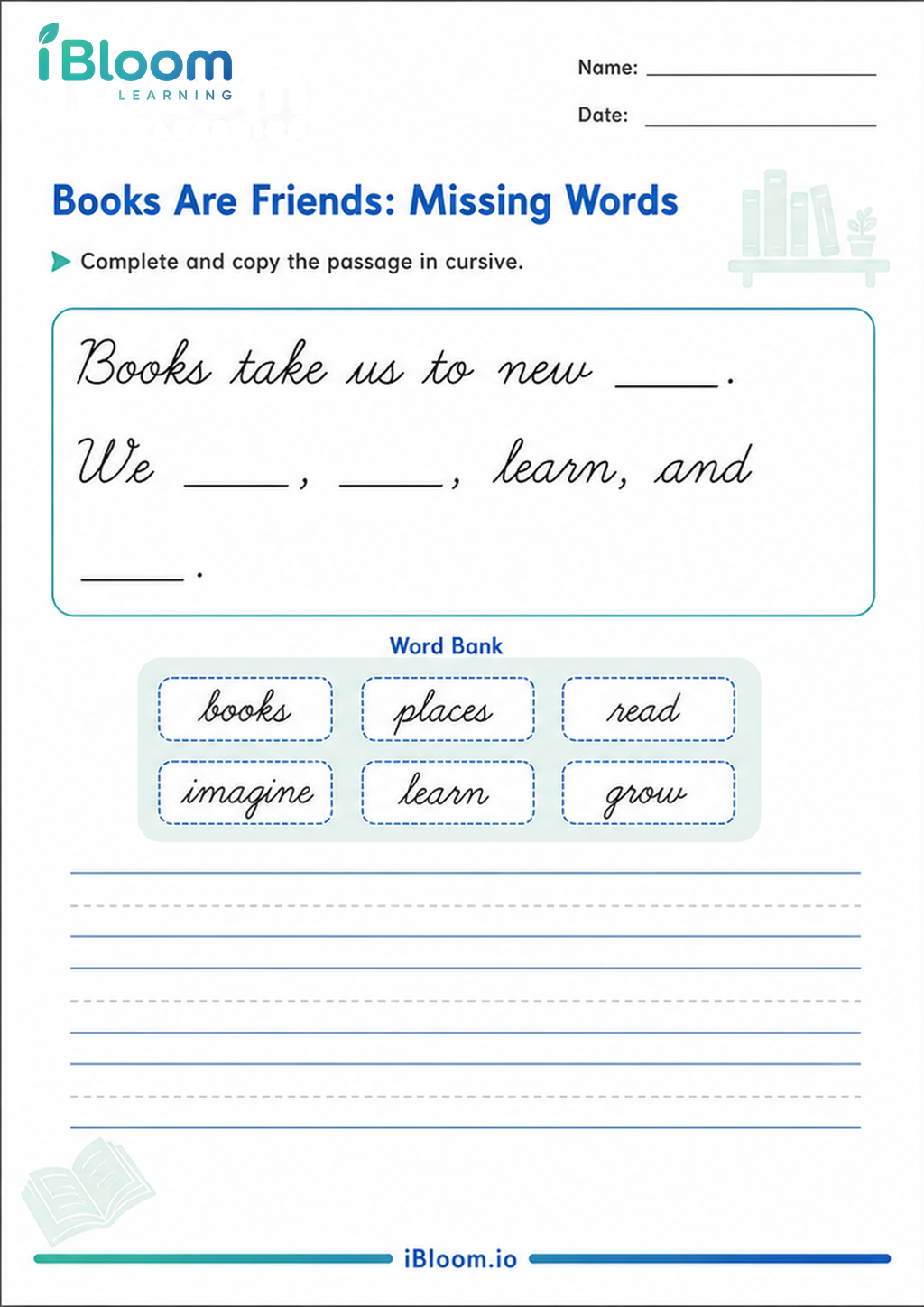 Preview of Books Are Friends: Missing Words worksheet