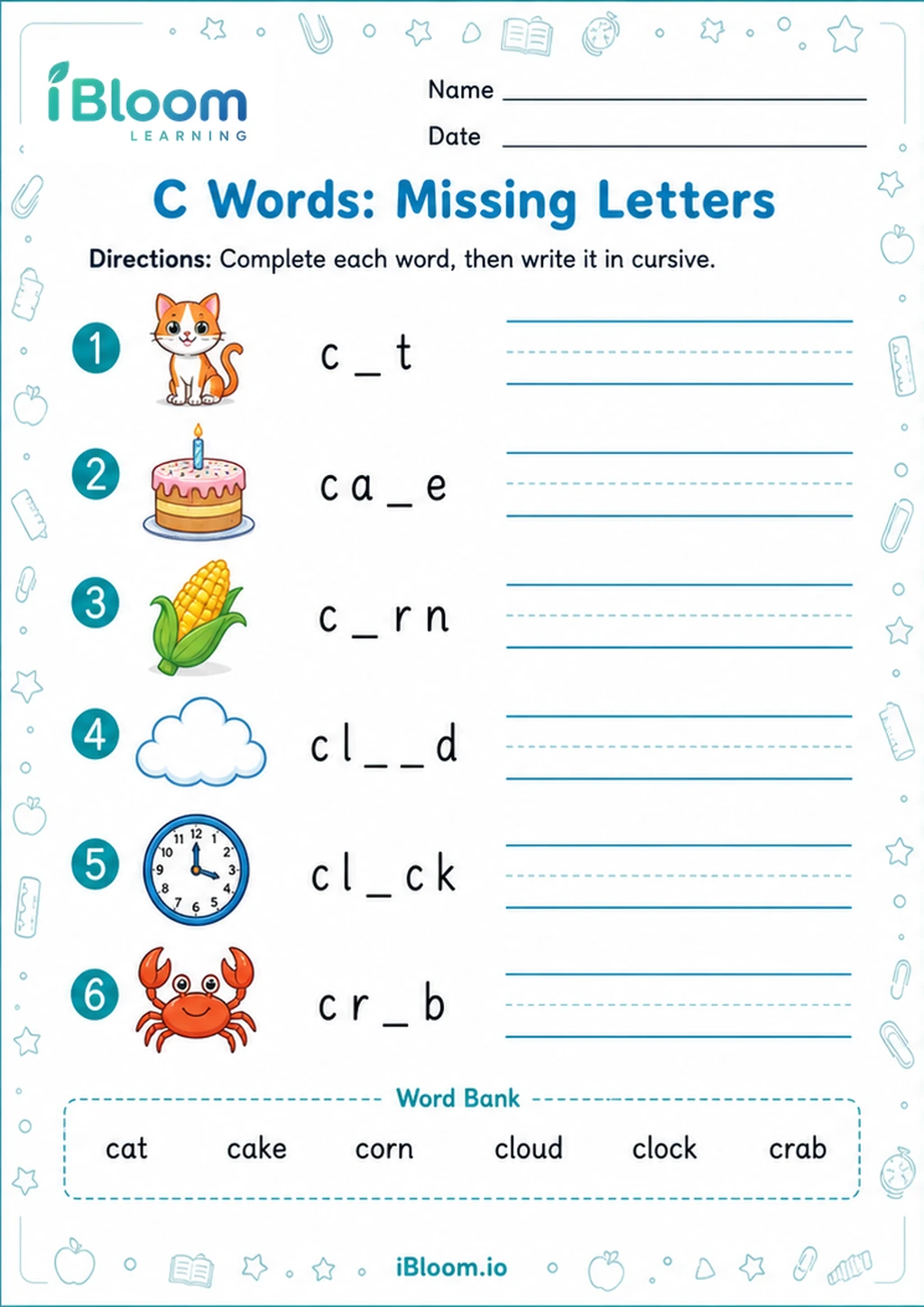Preview of C Words: Missing Letters worksheet
