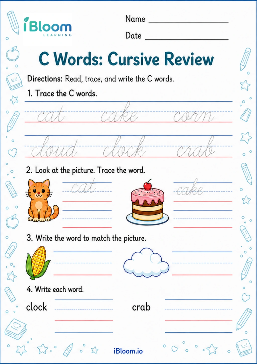 Preview of C Words: Cursive Review worksheet