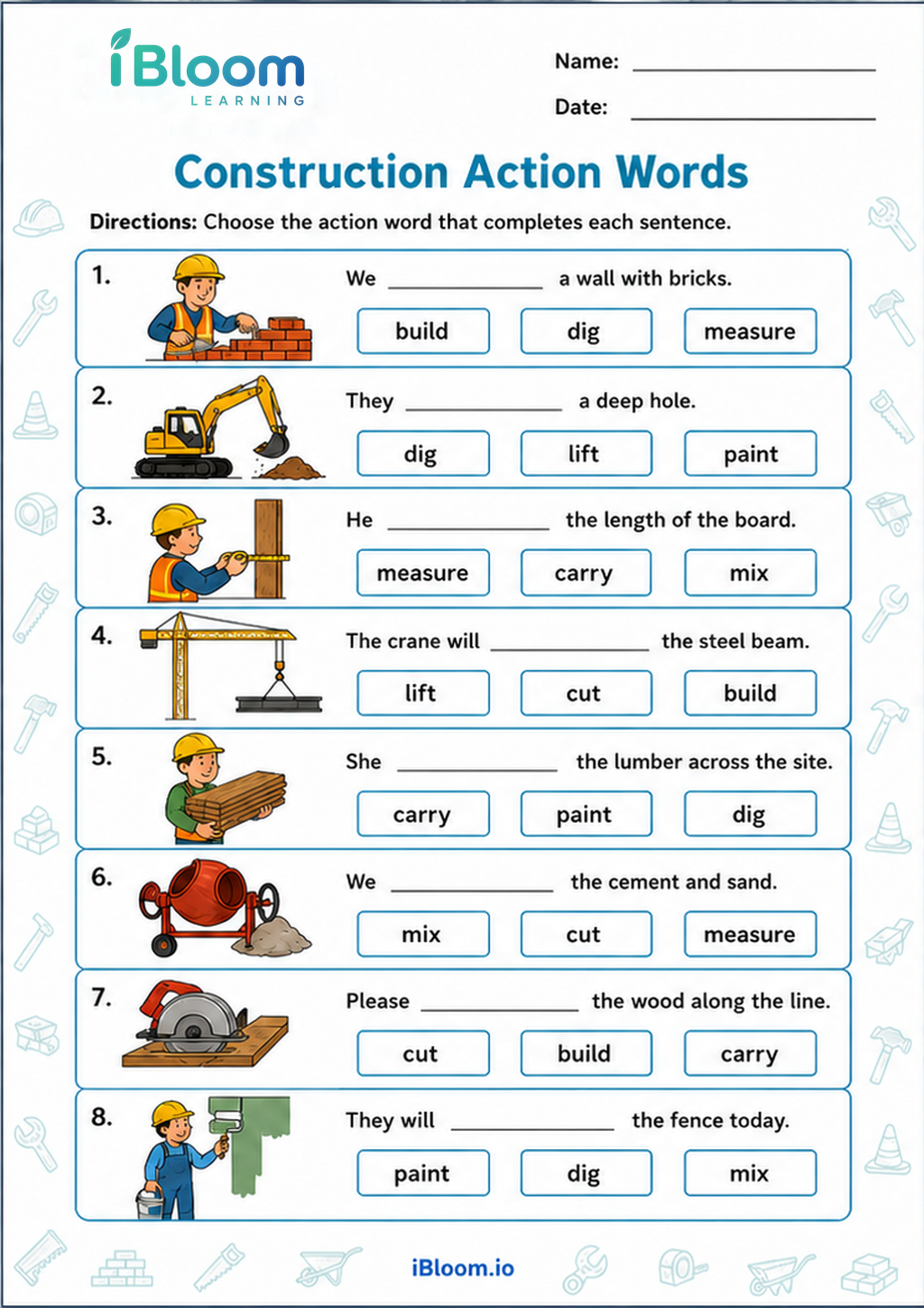 Construction Action Words printable Class 3 worksheet