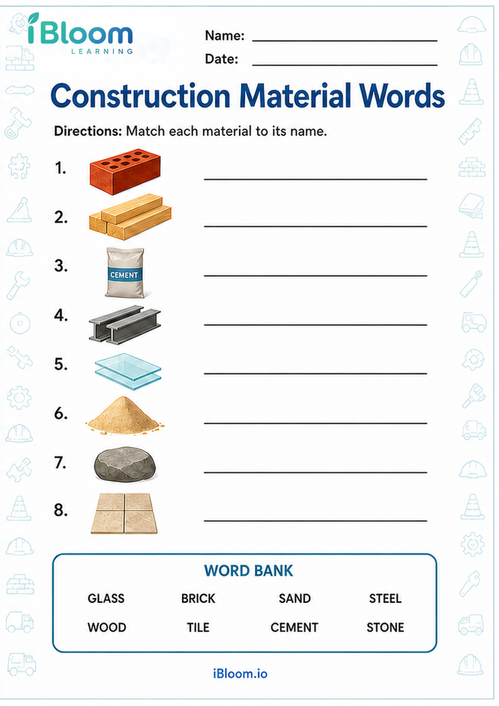Preview of Construction Material Words worksheet