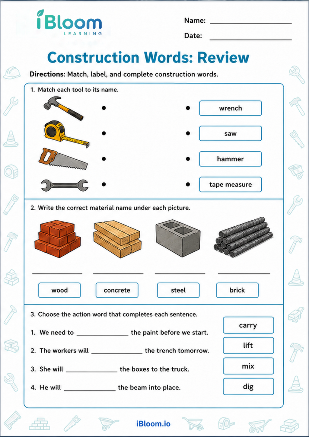 Preview page 1 of Construction Words: Review
