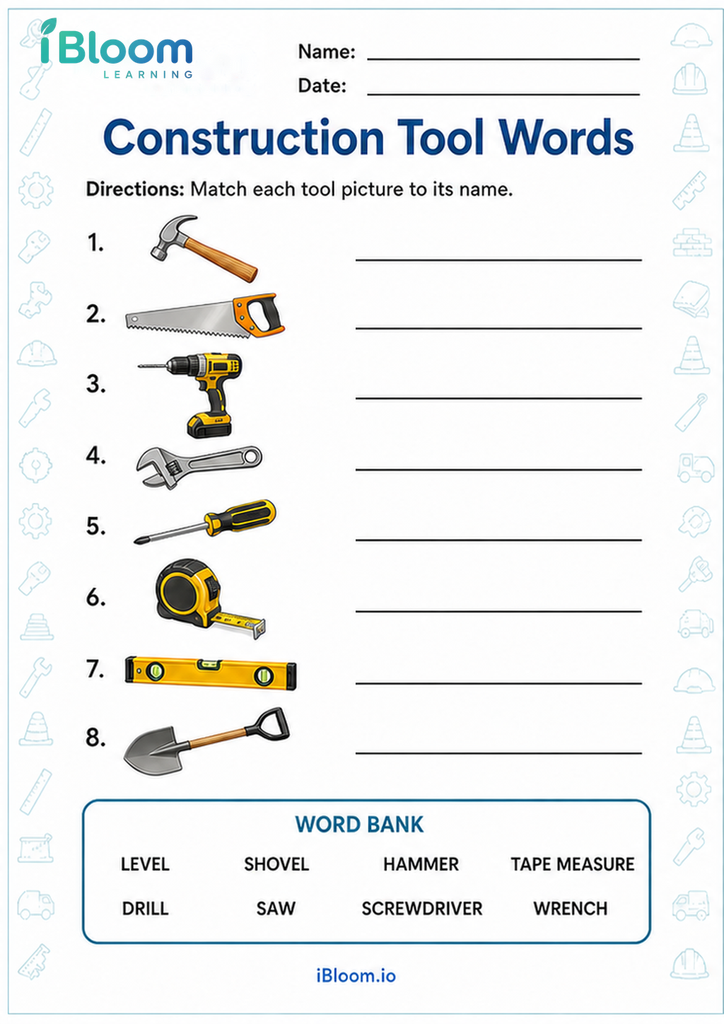 Preview of Construction Tool Words worksheet
