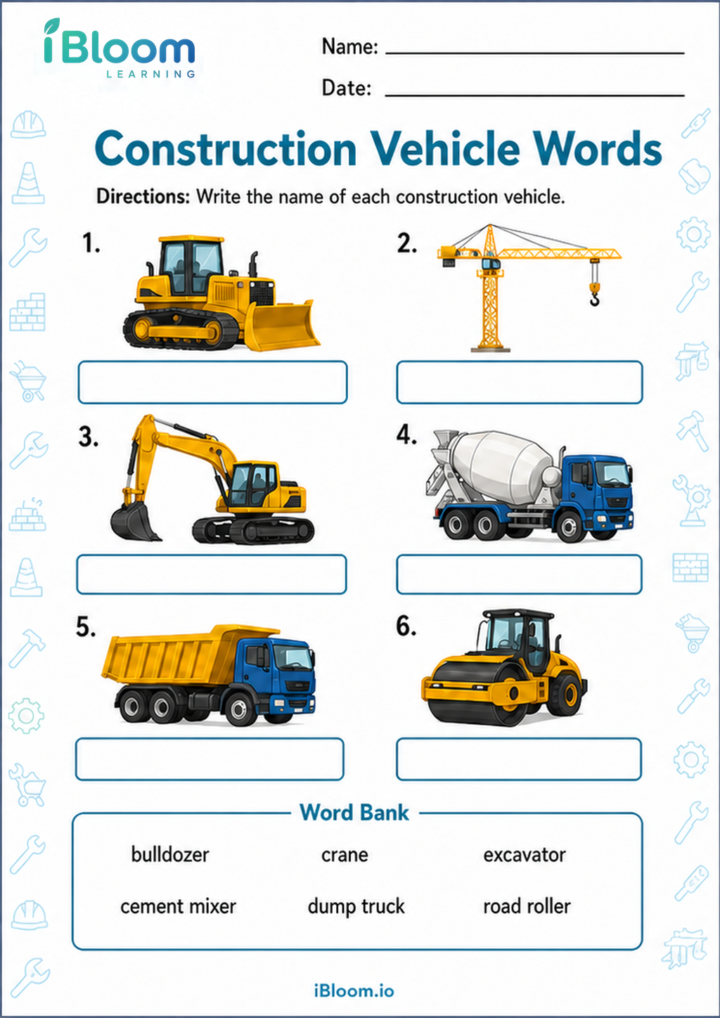 Preview page 1 of Construction Vehicle Words