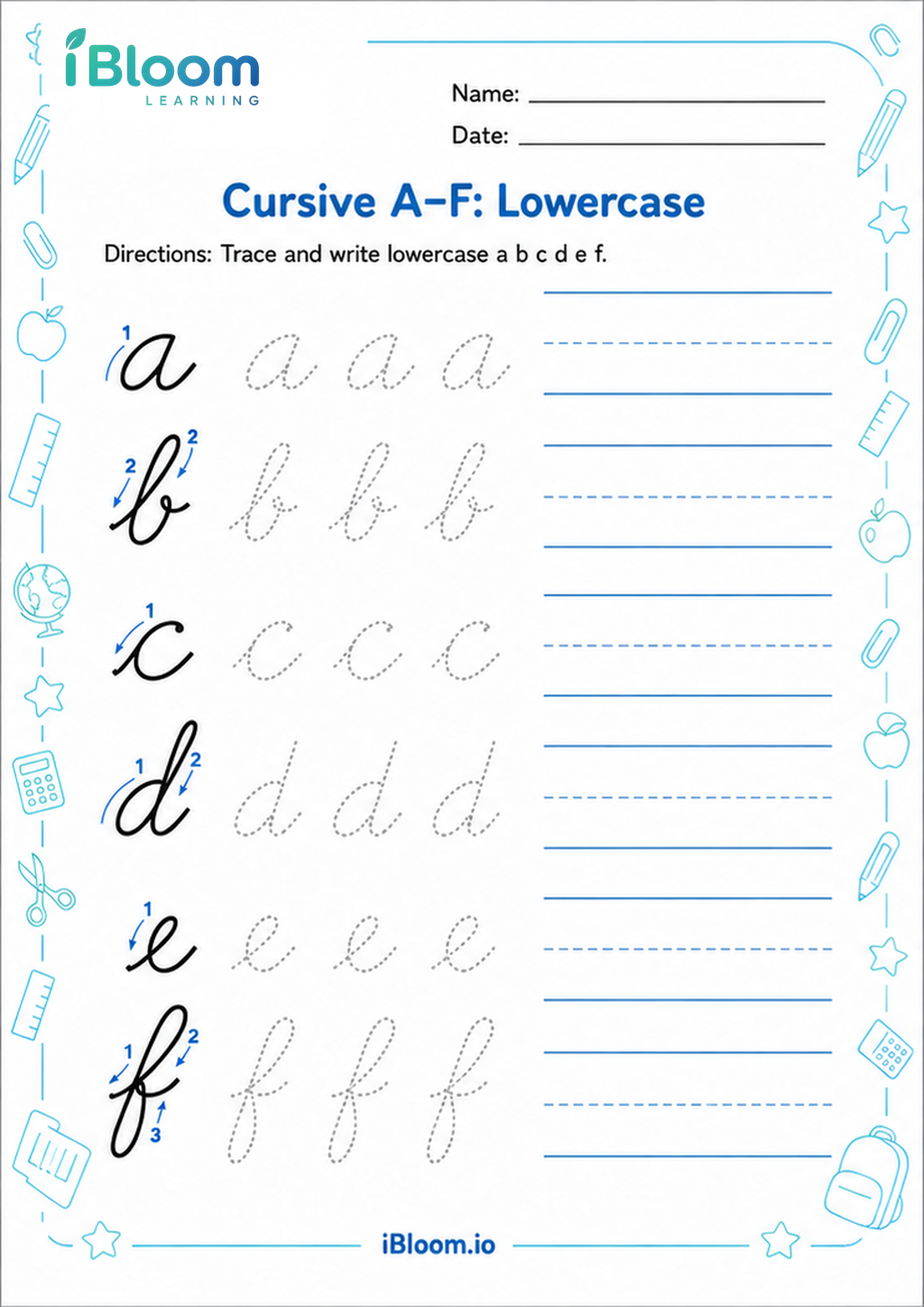 Preview page 1 of Cursive A–F: Lowercase