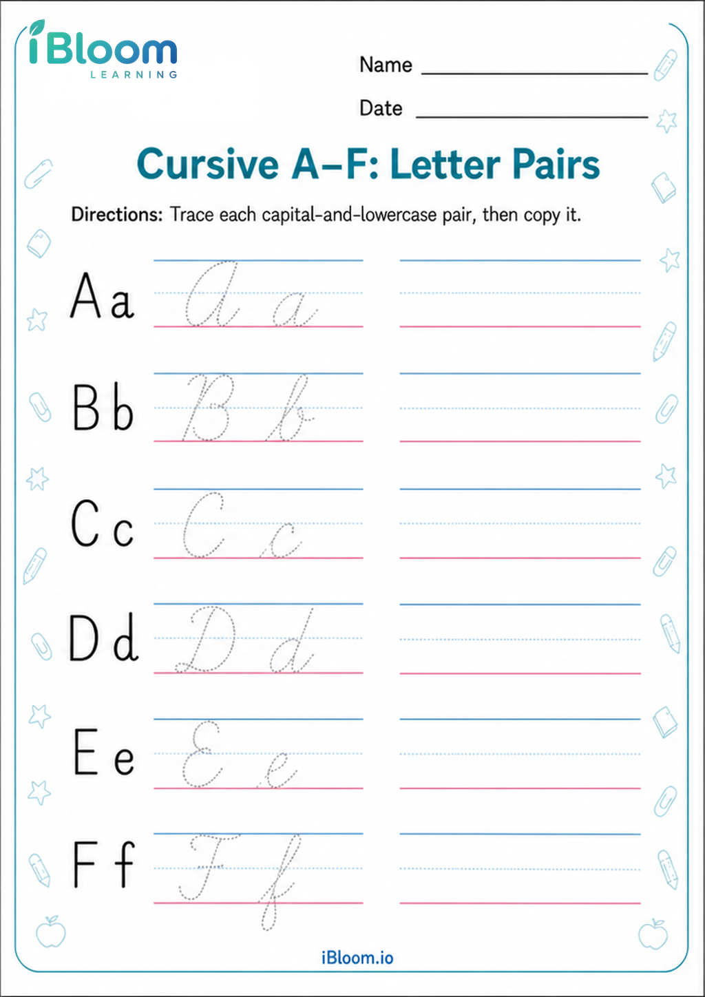 Preview of Cursive A–F: Letter Pairs worksheet
