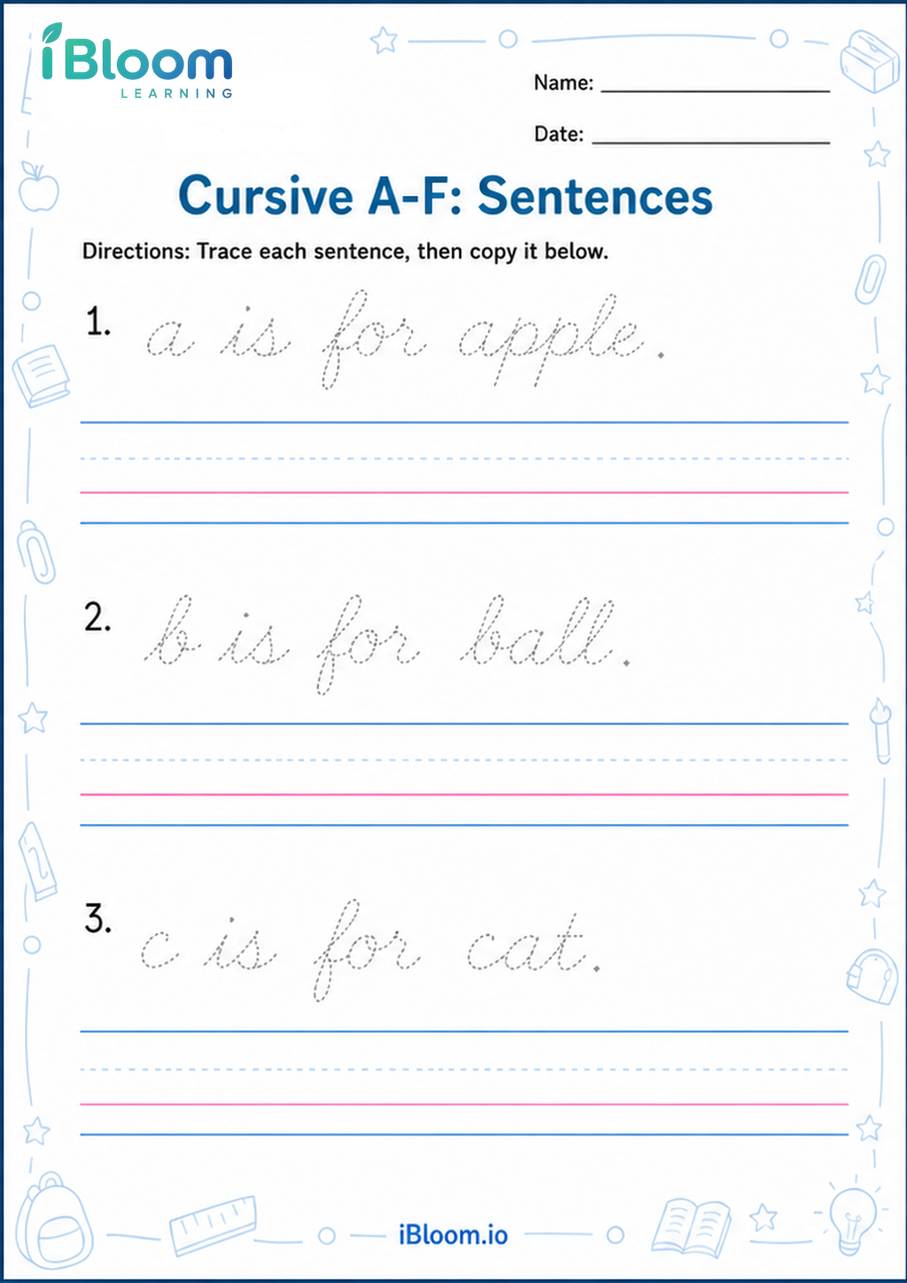 Preview page 1 of Cursive A–F: Sentences