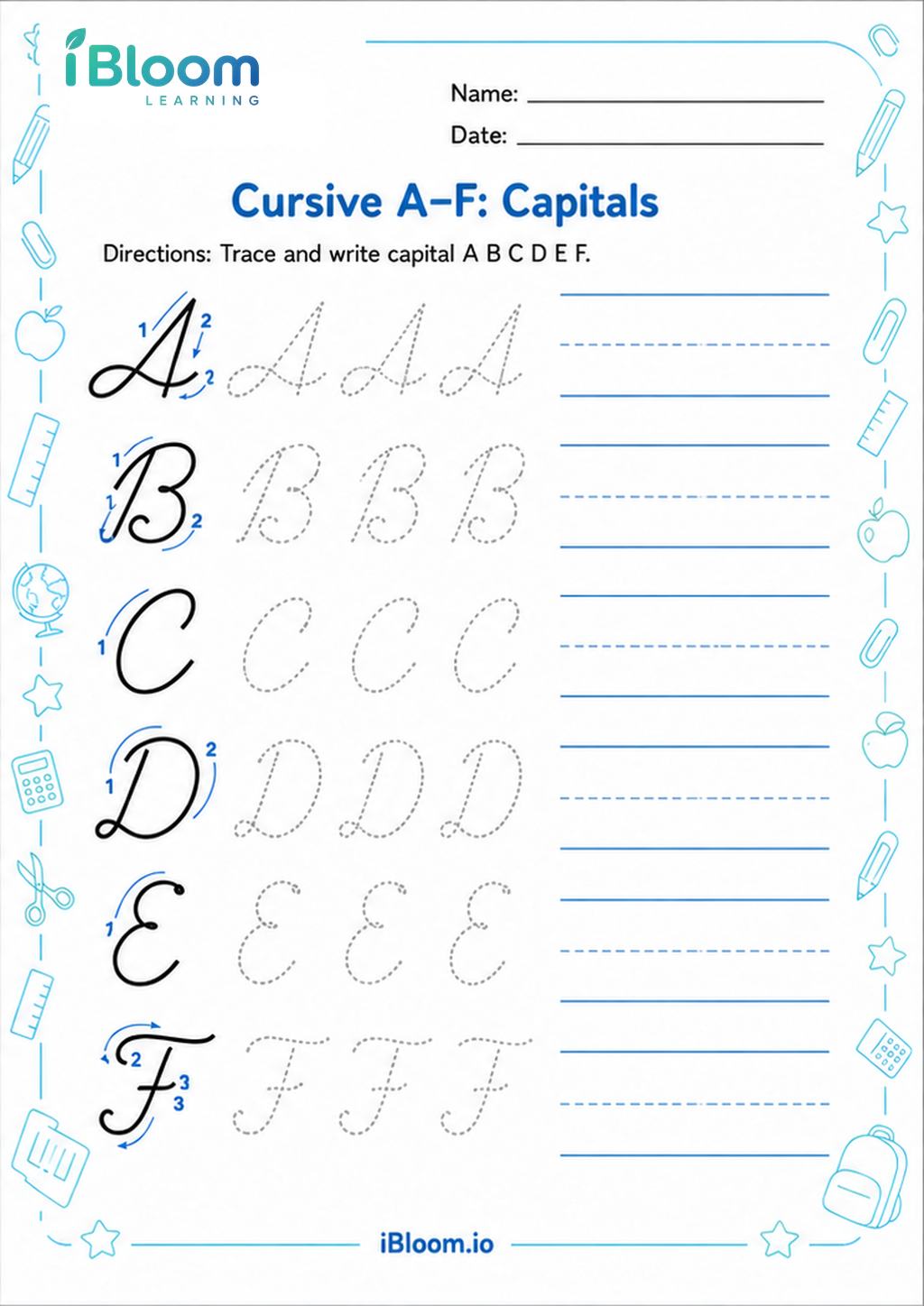 Preview of Cursive A–F: Capitals worksheet