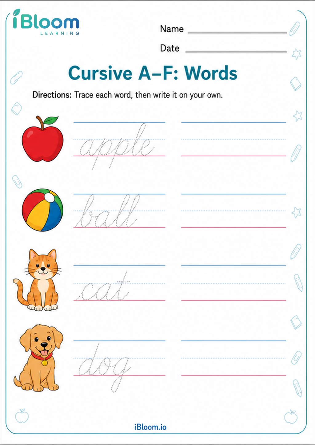 Preview page 1 of Cursive A–F: Words