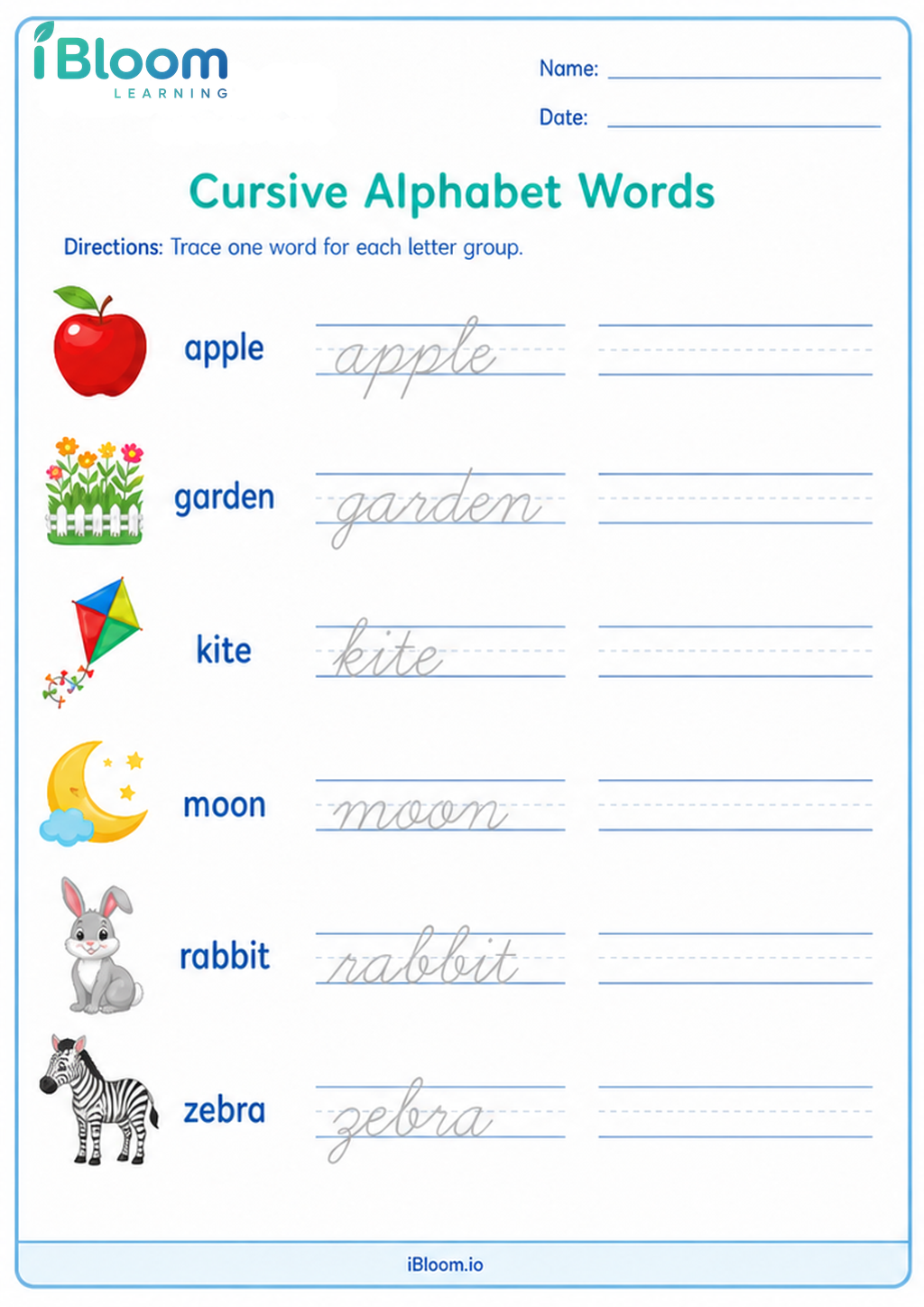 Preview page 1 of Cursive Alphabet Words