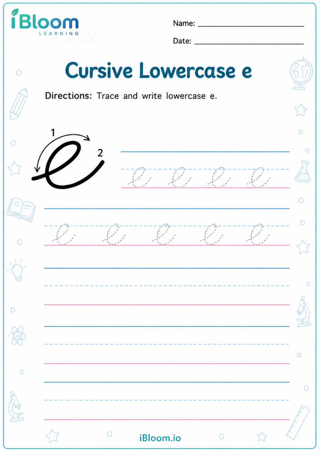 Cursive Lowercase e printable Class 2 worksheet