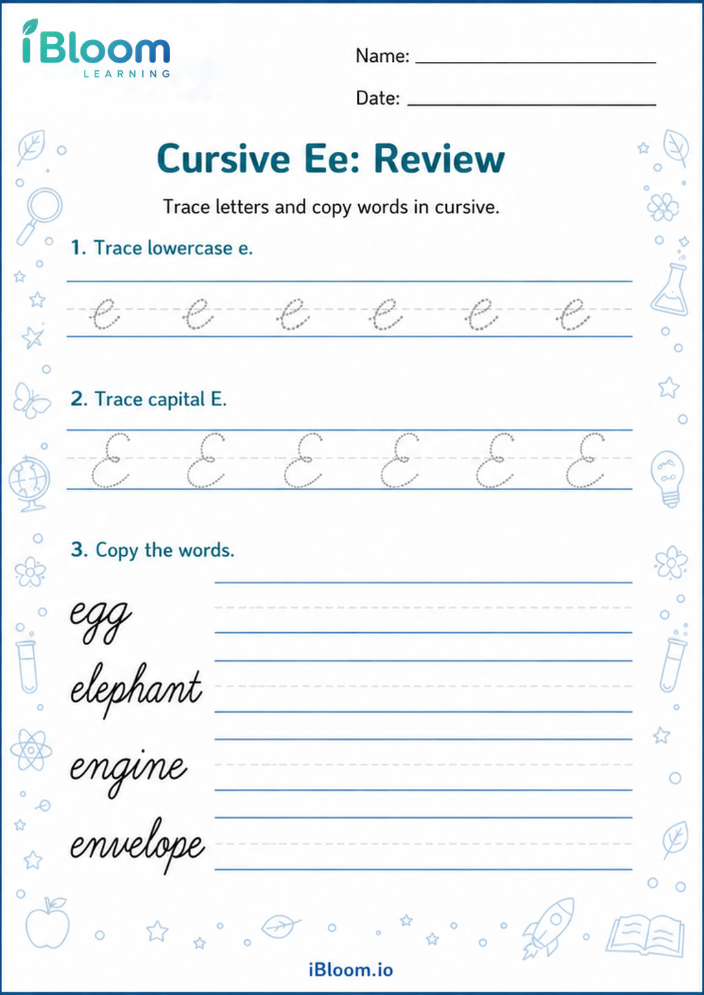 Preview of Cursive Ee: Review worksheet