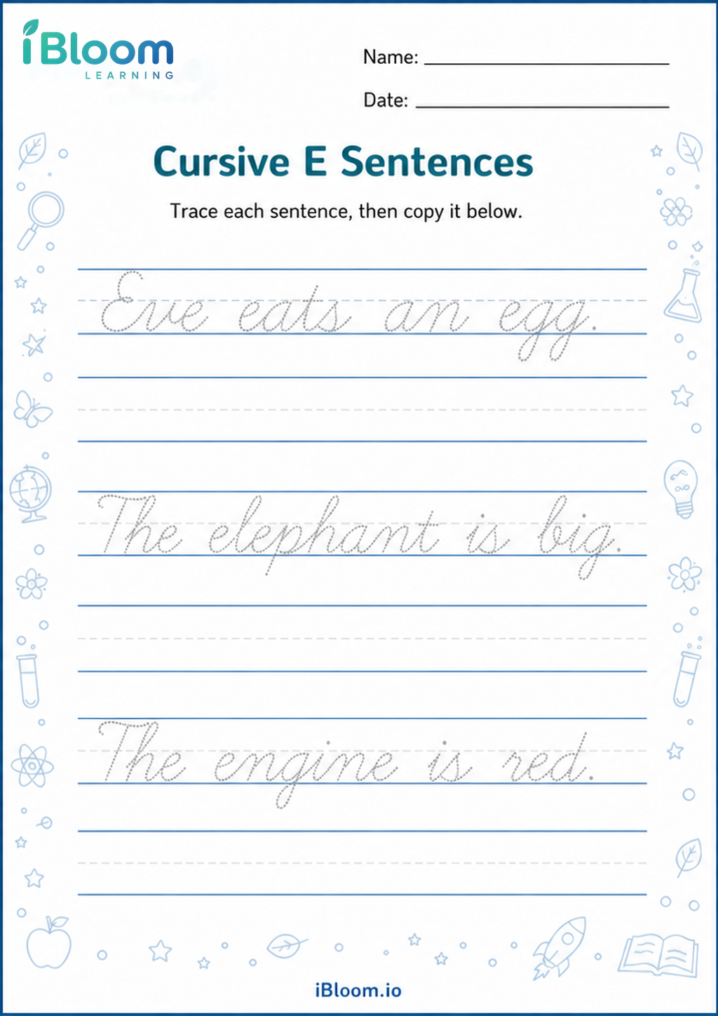 Preview of Cursive E Sentences worksheet