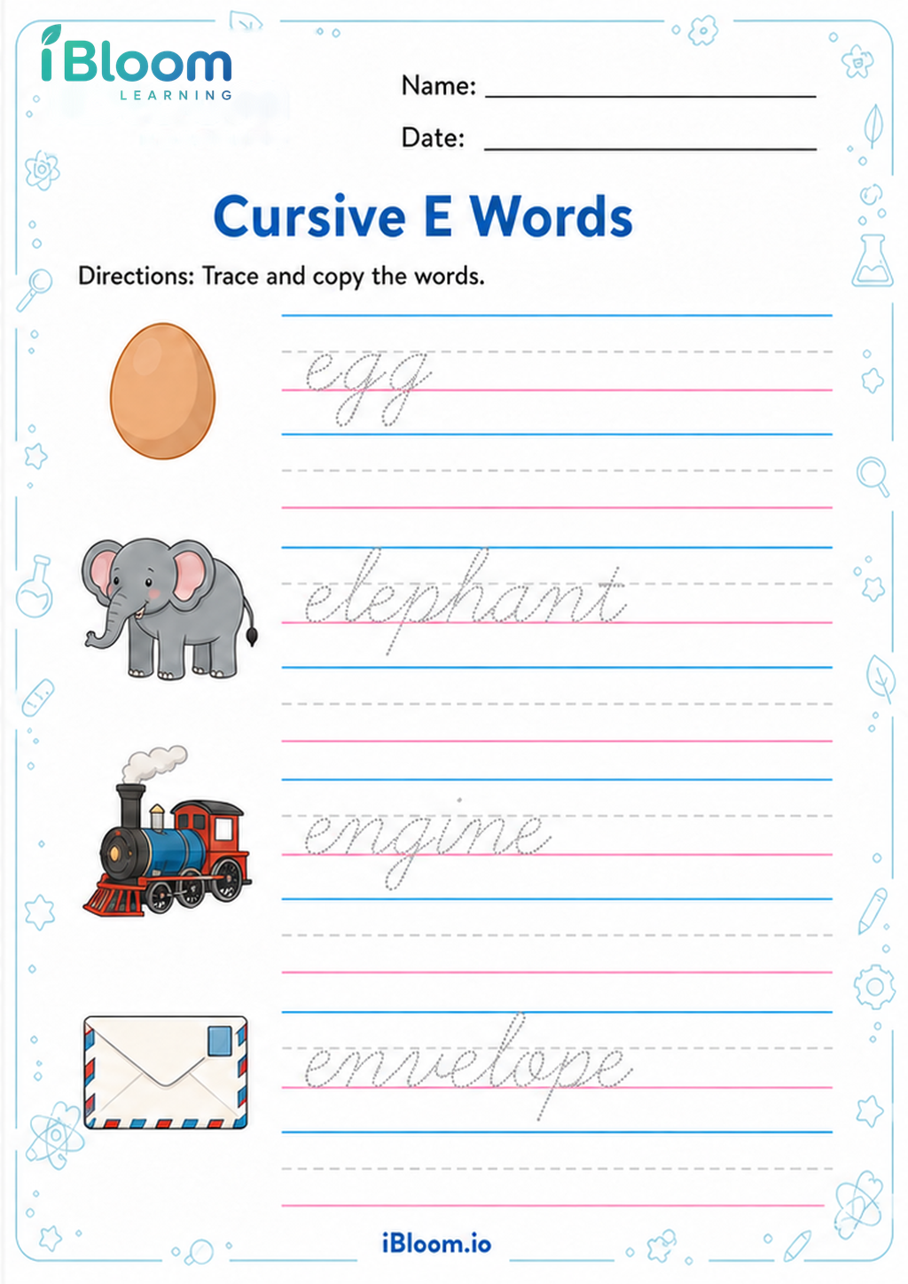 Preview of Cursive E Words worksheet