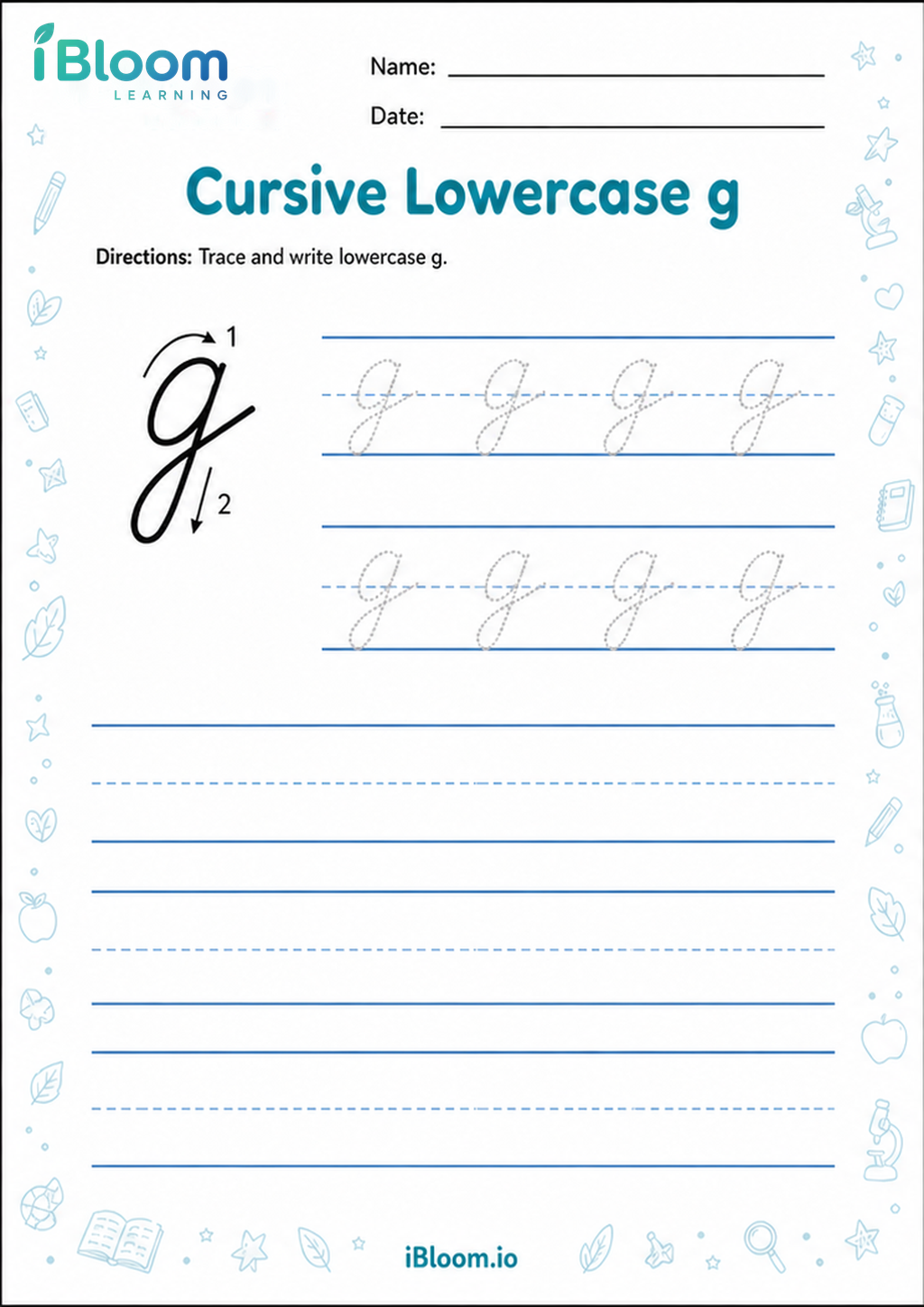 Cursive Lowercase g printable Class 2 worksheet