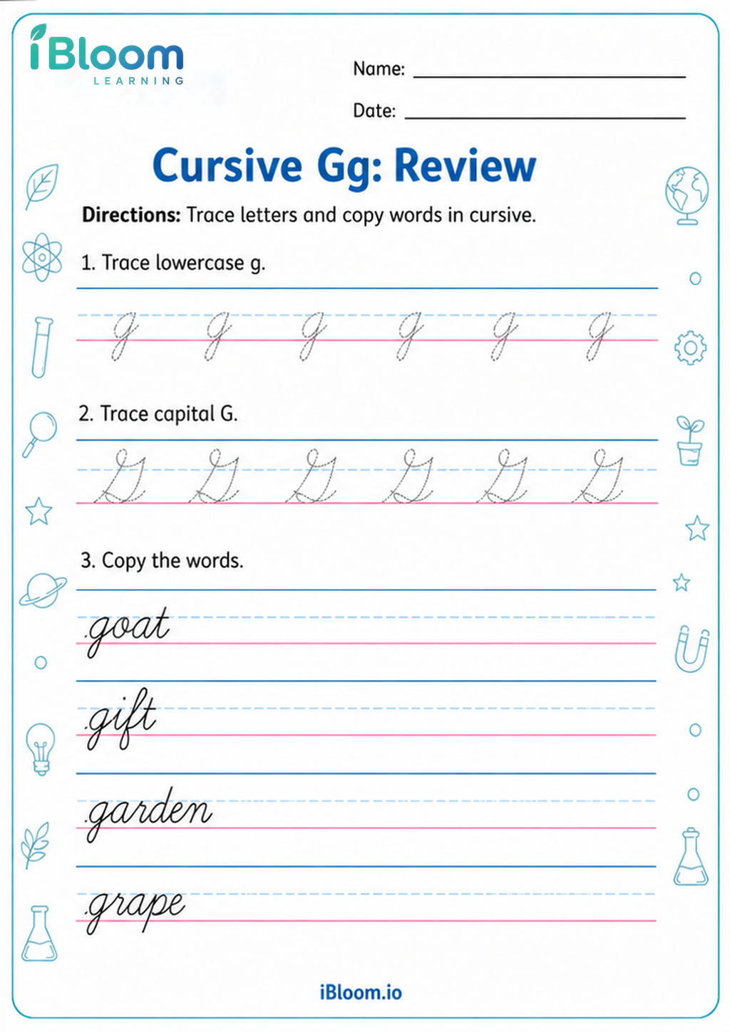 Preview of Cursive Gg: Review worksheet
