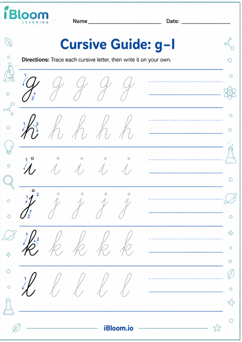 Cursive Guide: g–l printable Class 2 worksheet