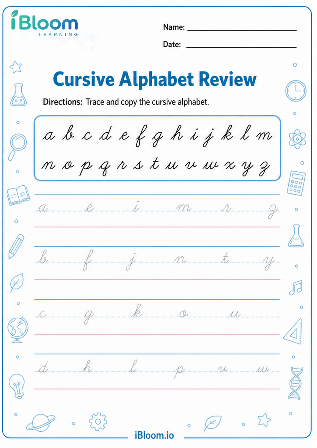 Cursive Alphabet Review printable Class 2 worksheet