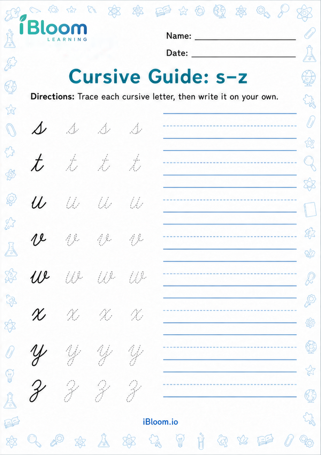 Preview of Cursive Guide: s–z worksheet