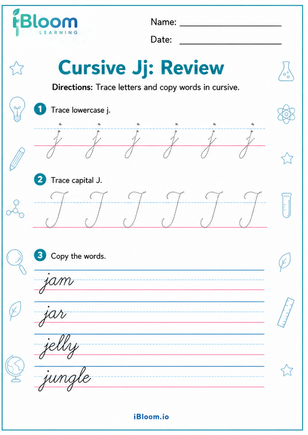 Preview of Cursive Jj: Review worksheet