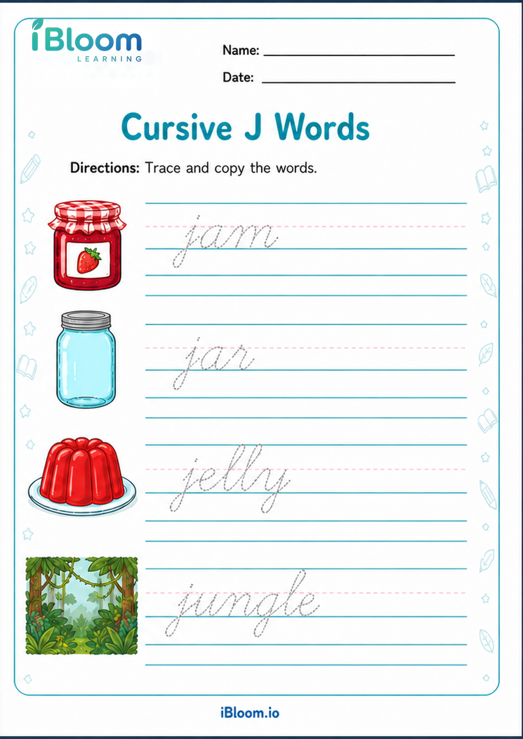 Preview of Cursive J Words worksheet