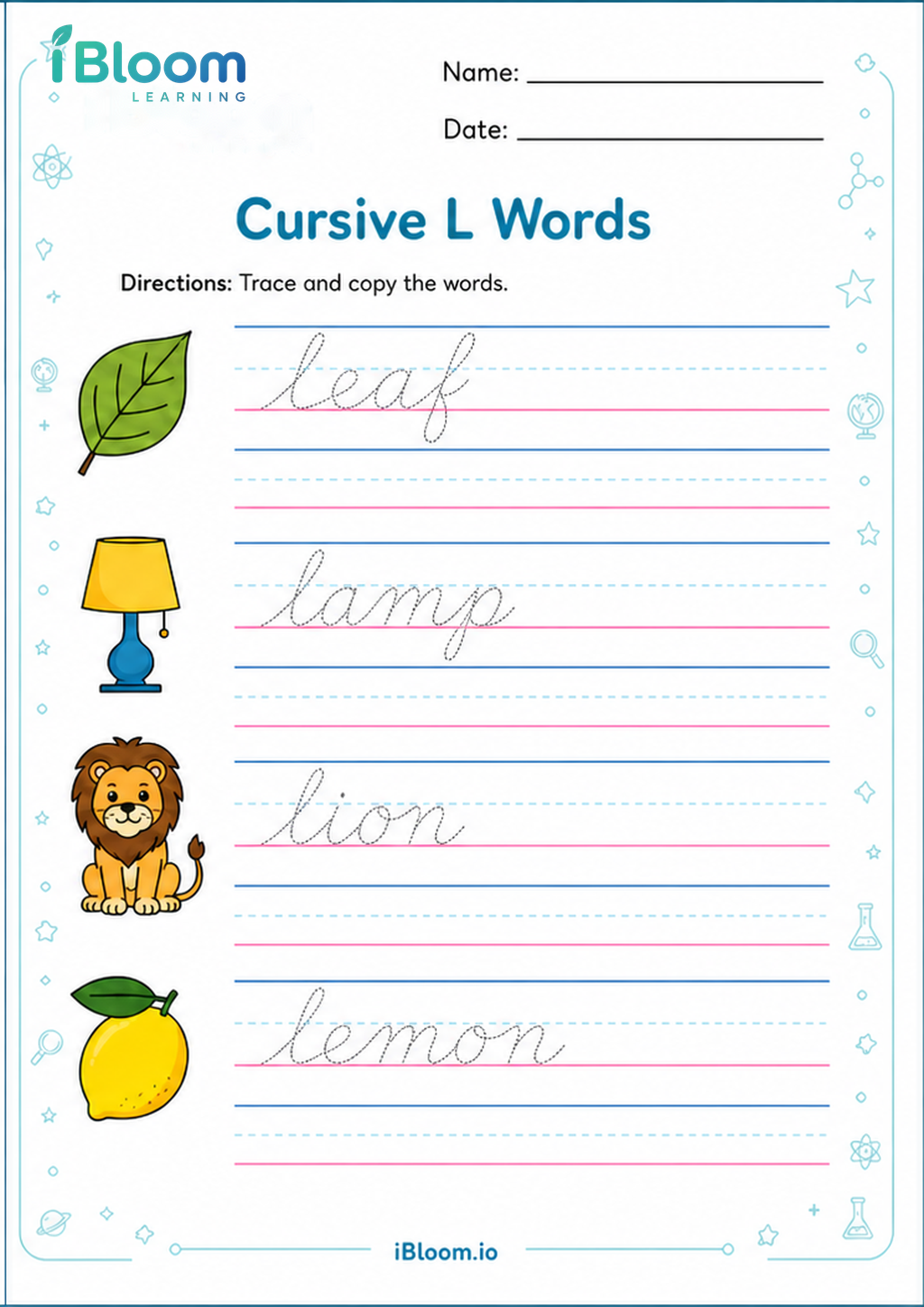 Preview of Cursive L Words worksheet
