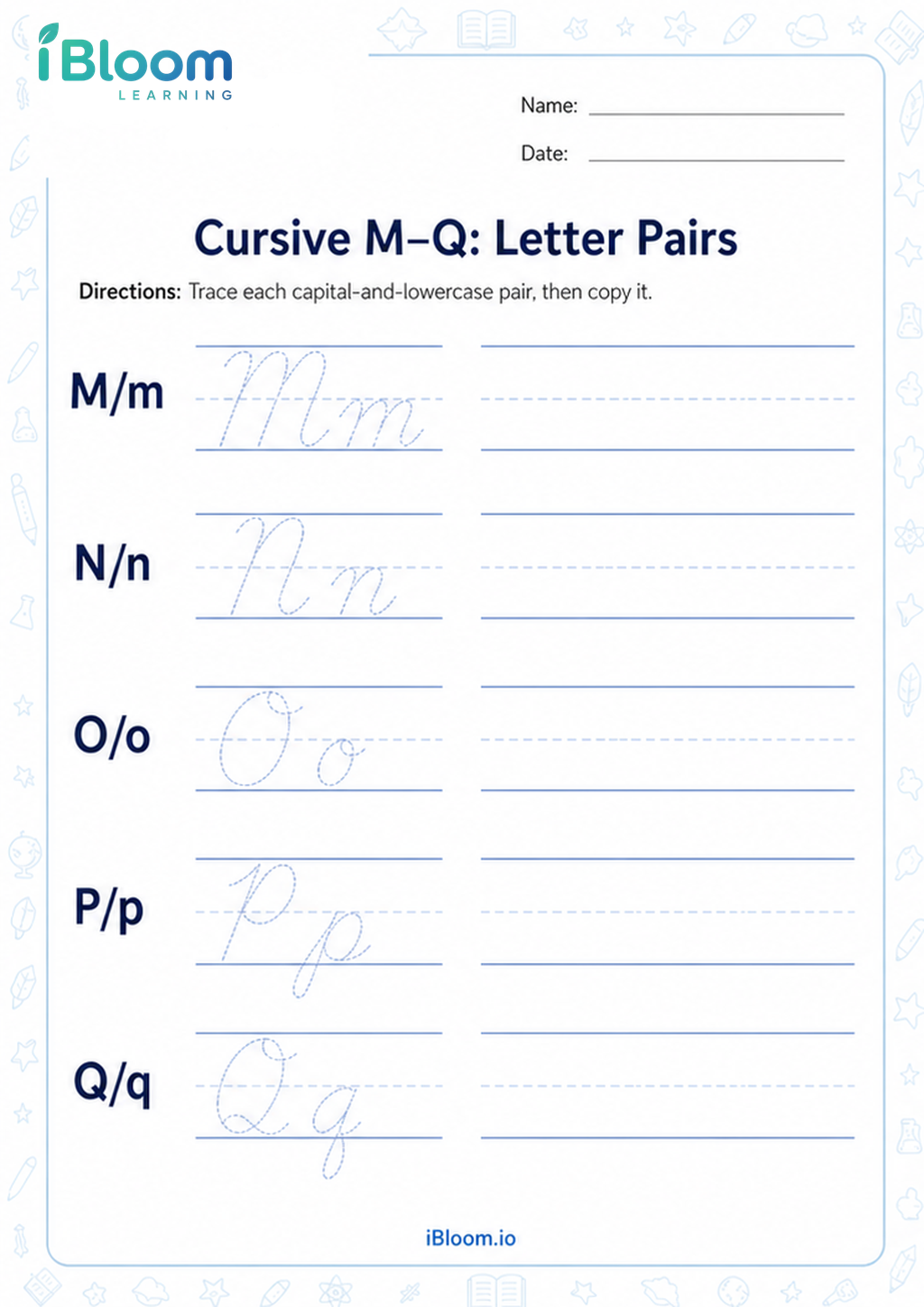 Preview page 1 of Cursive M–Q: Letter Pairs