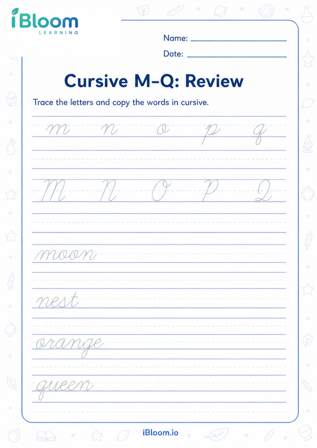 Preview of Cursive M–Q: Review worksheet