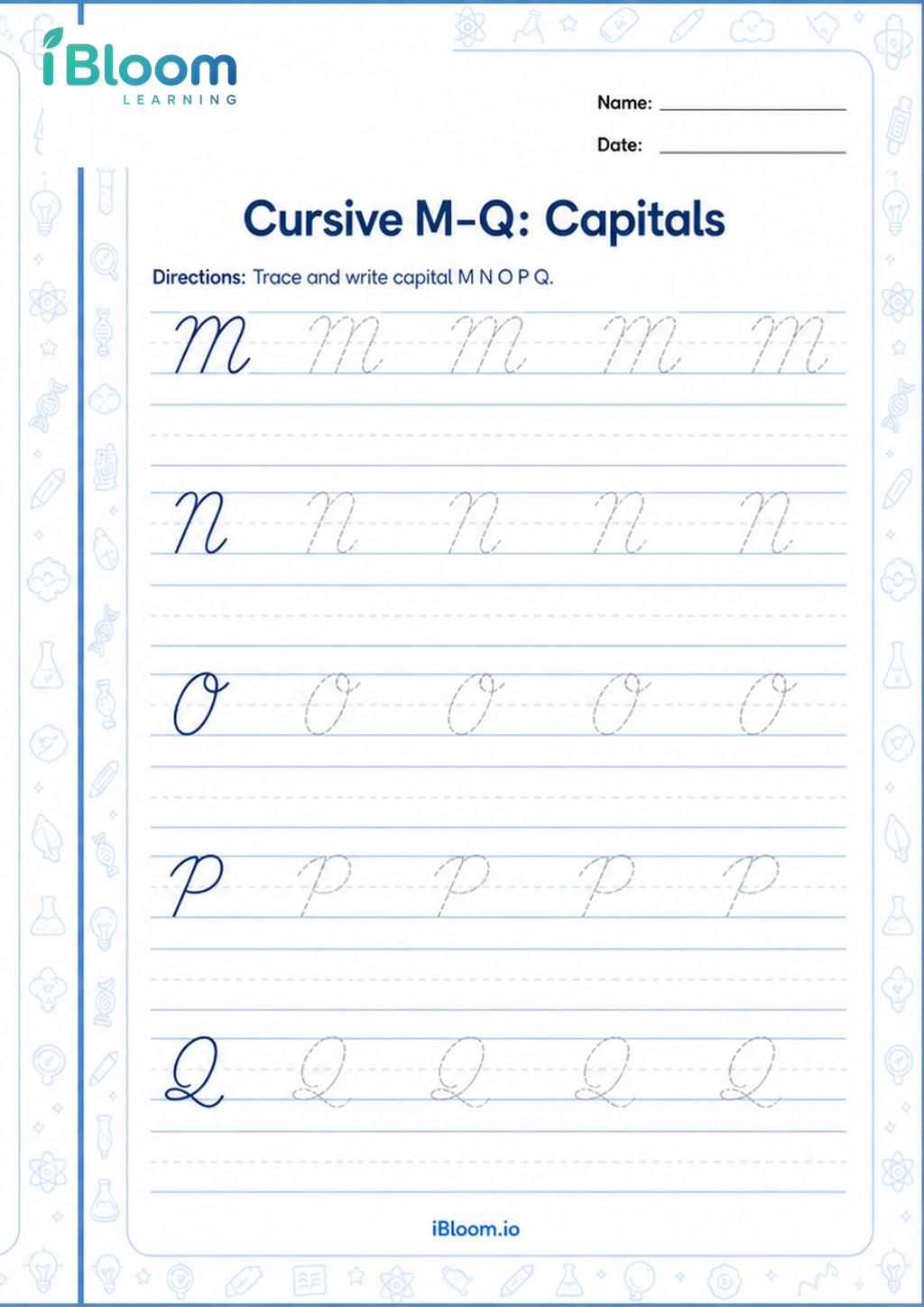 Preview of Cursive M–Q: Capitals worksheet