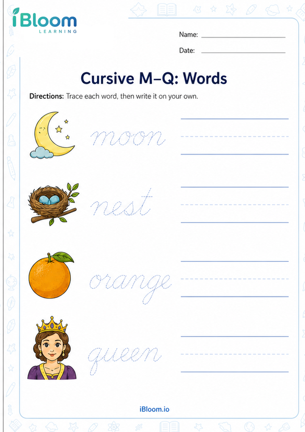 Preview of Cursive M–Q: Words worksheet