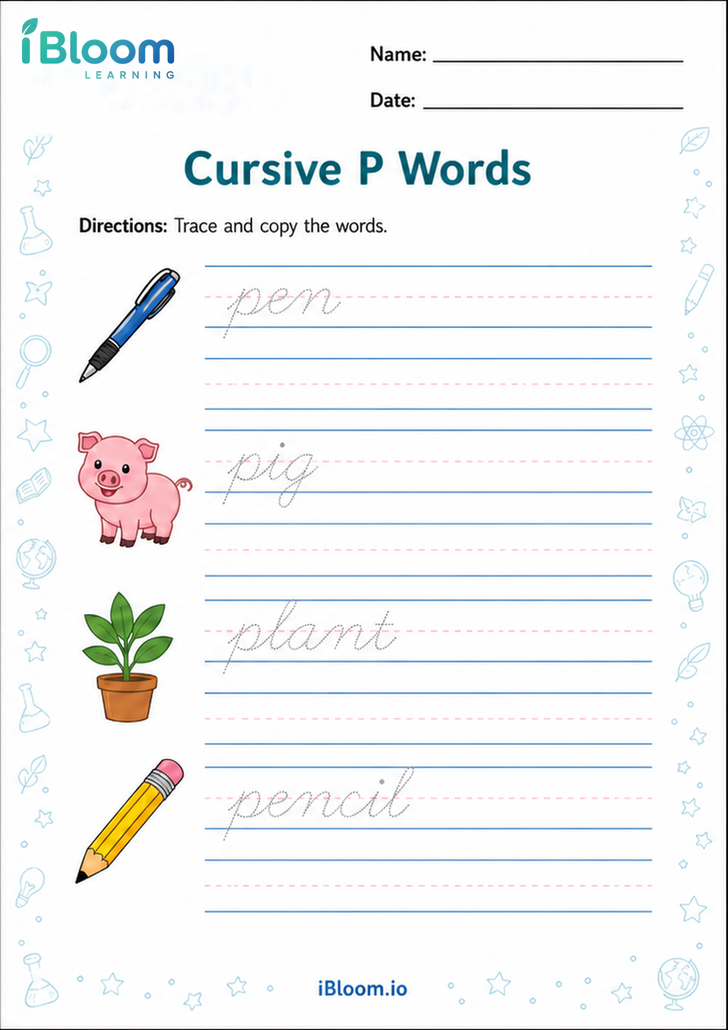 Preview of Cursive P Words worksheet
