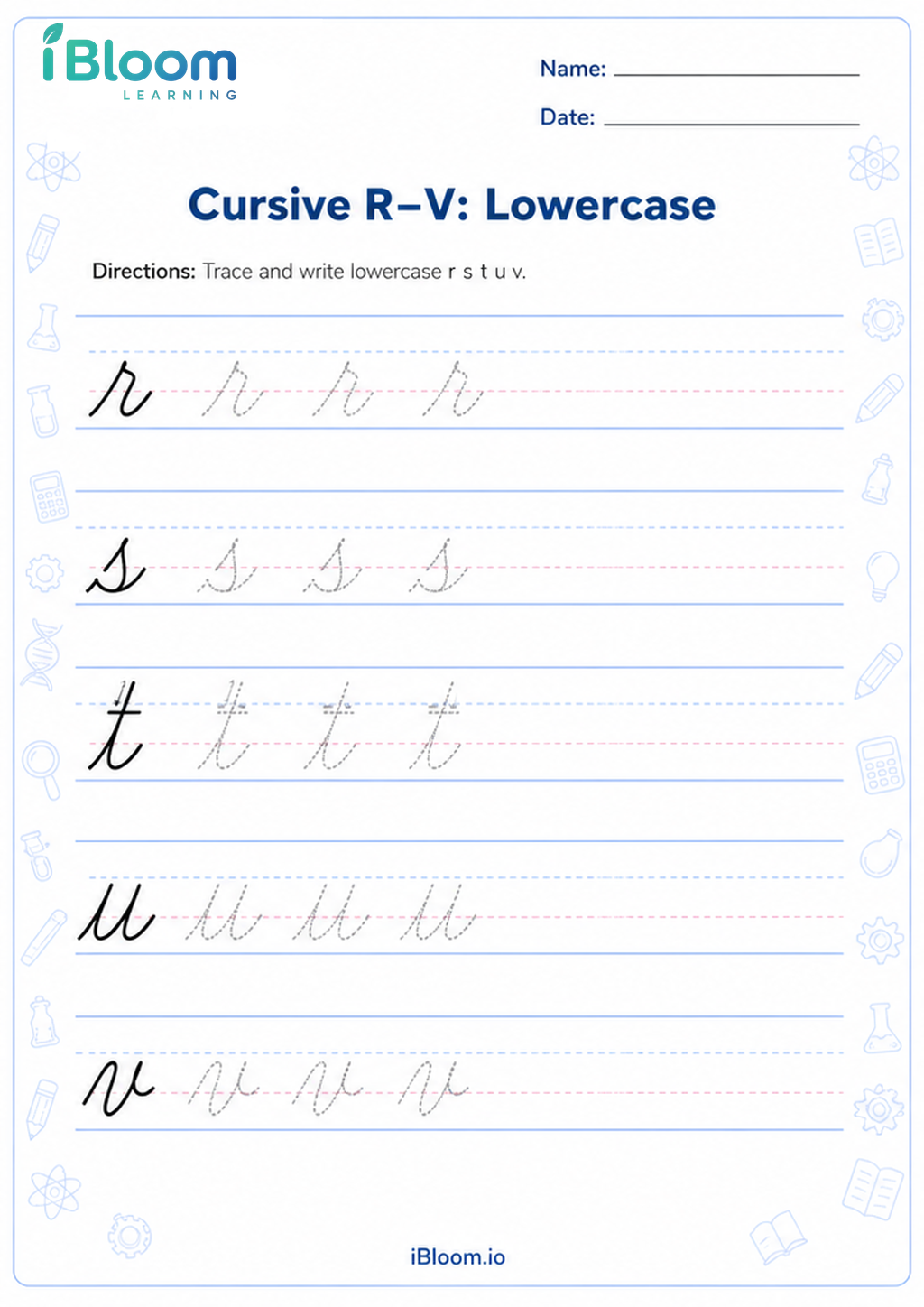 Preview of Cursive R–V: Lowercase worksheet