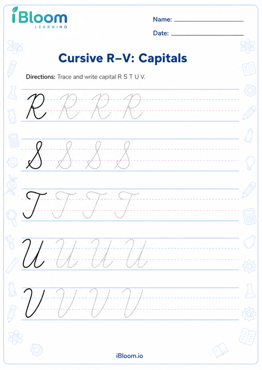 Preview of Cursive R–V: Capitals worksheet