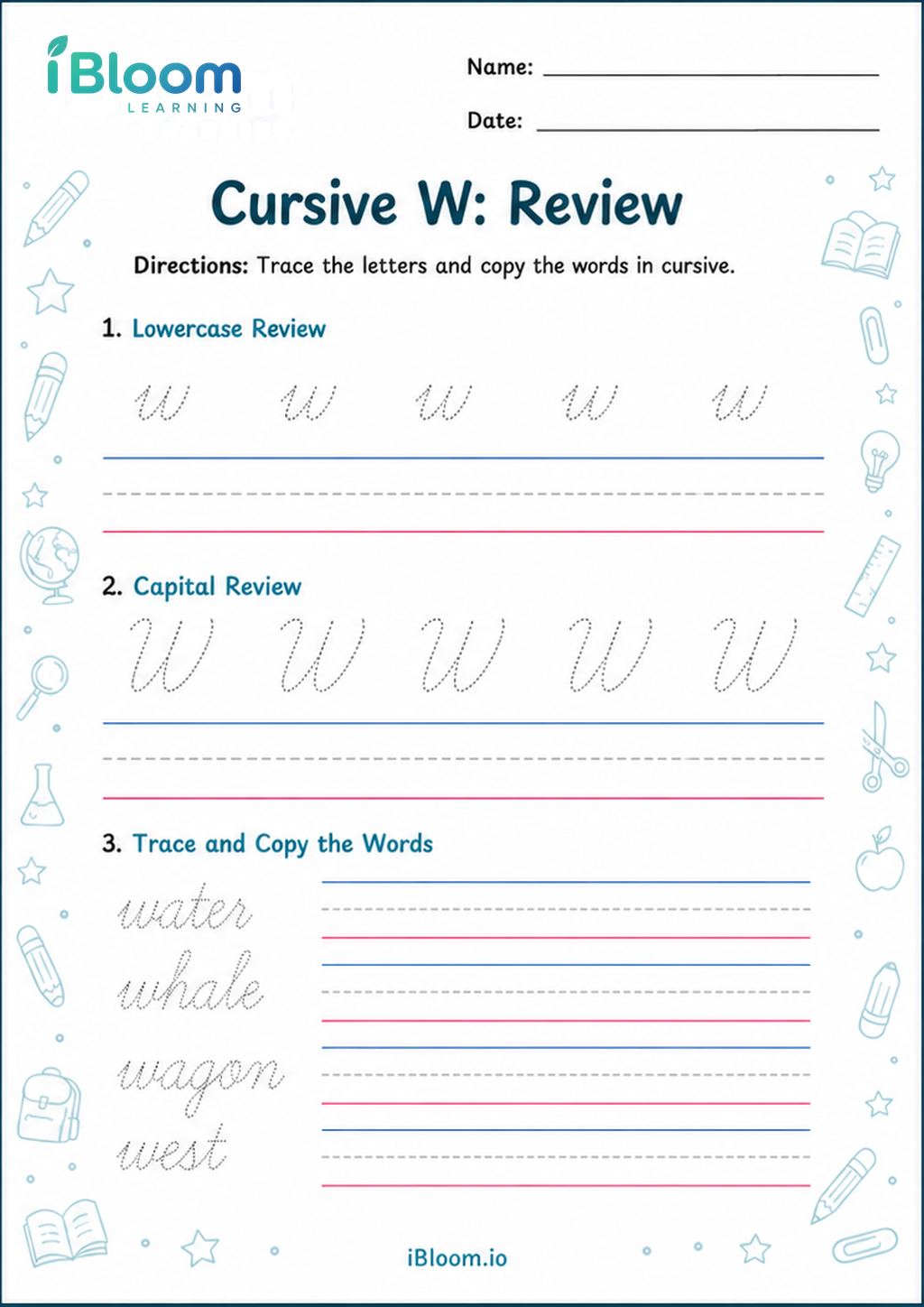 Preview of Cursive W: Review worksheet