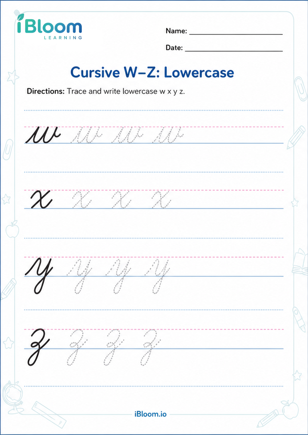 Preview page 1 of Cursive W–Z: Lowercase