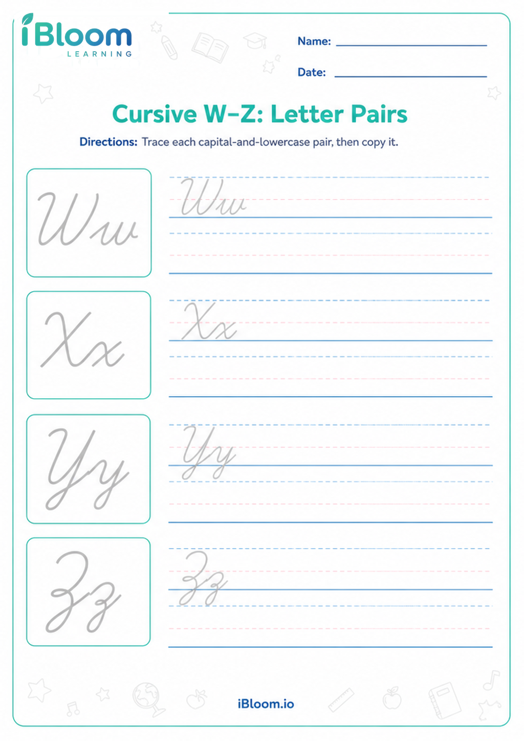 Preview of Cursive W–Z: Letter Pairs worksheet