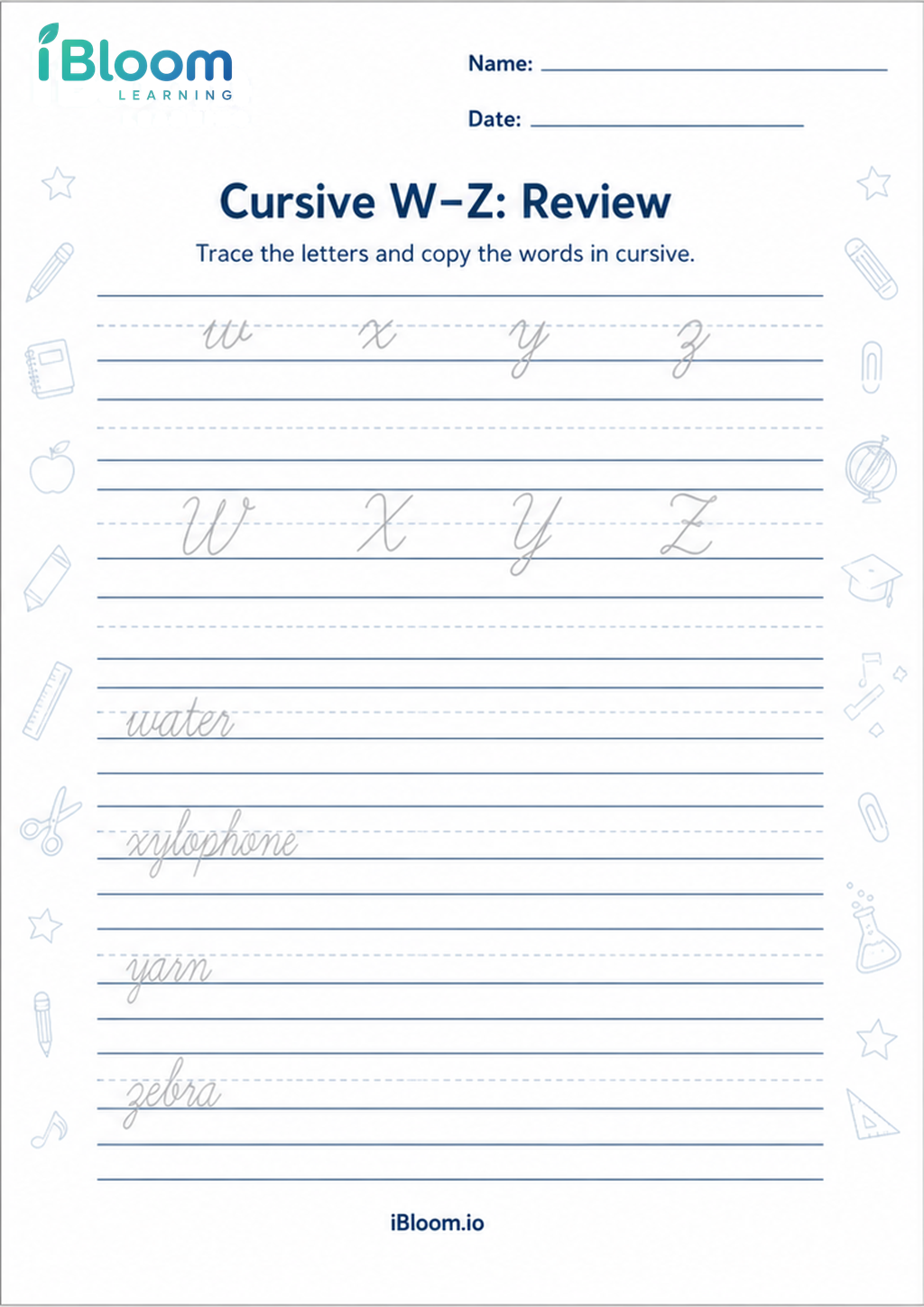 Preview page 1 of Cursive W–Z: Review
