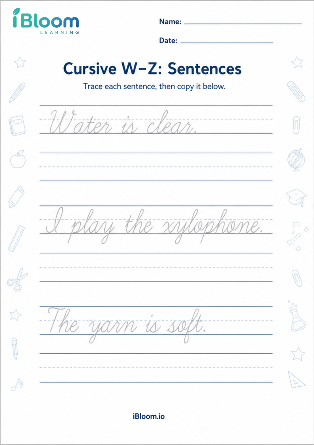 Cursive W–Z: Sentences printable Class 2 cursive worksheet
