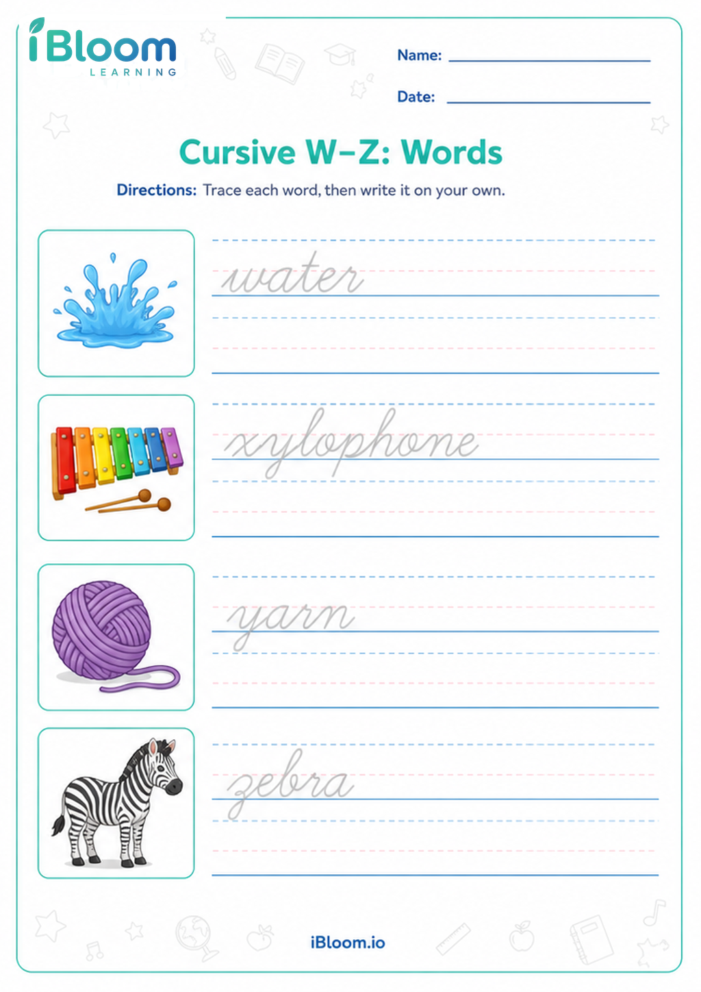 Cursive W–Z: Words printable Class 2 cursive worksheet