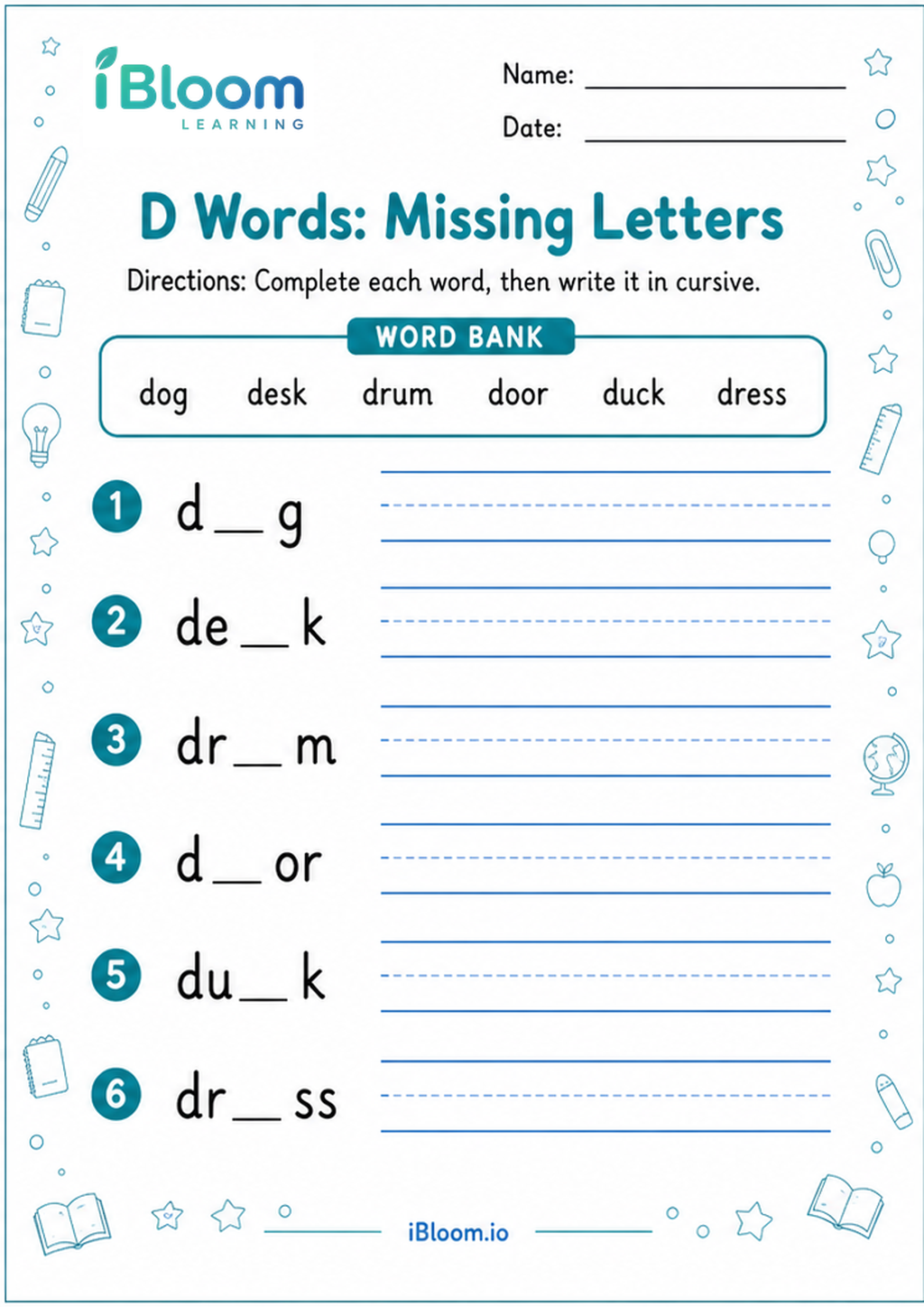 Preview of D Words: Missing Letters worksheet